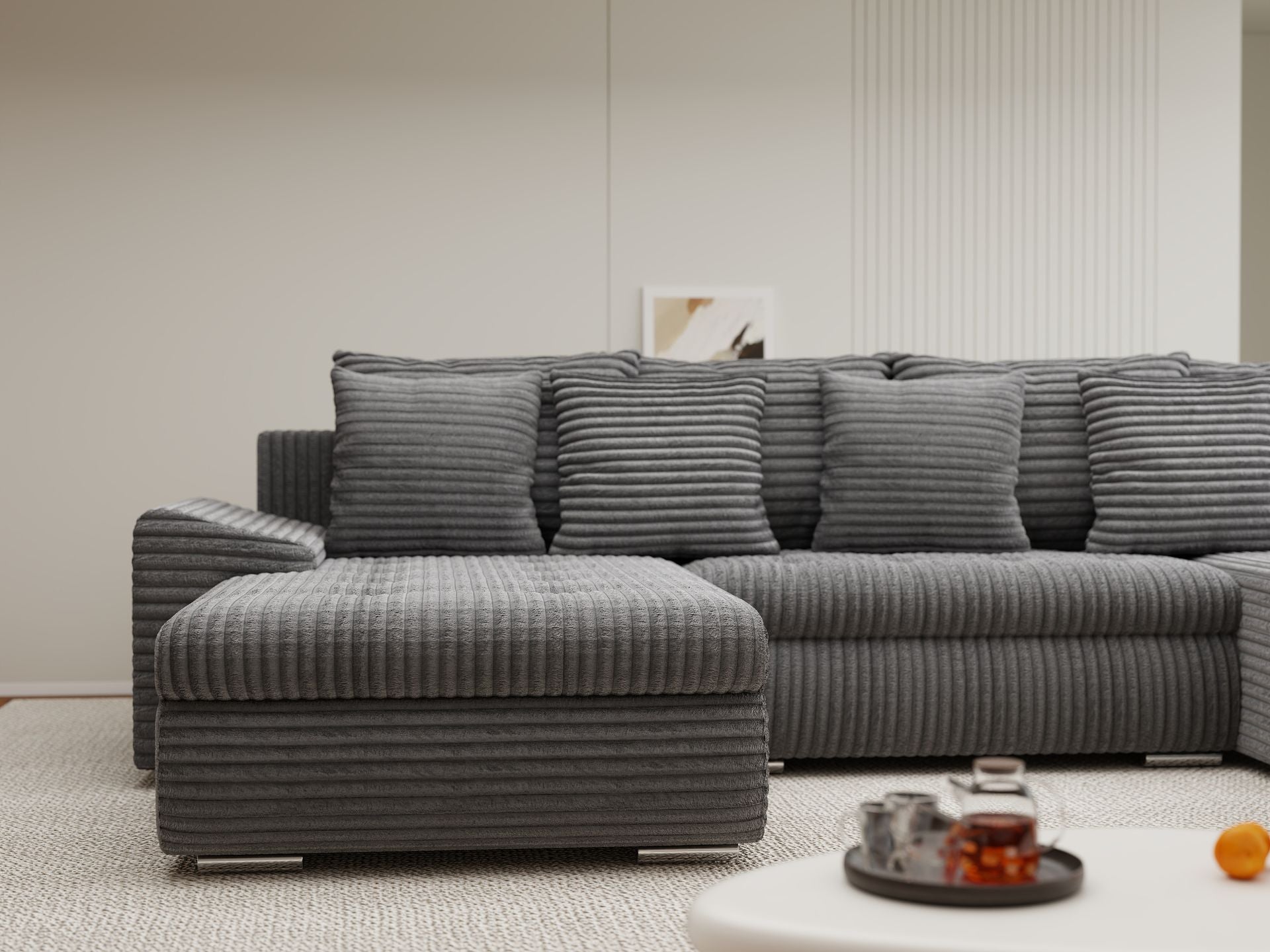 Colțar extensibil dumonde cu ladă de depozitare si sezut confortabil din spuma high-density, Leonardo U Tilia Gri 90 360x185 cm