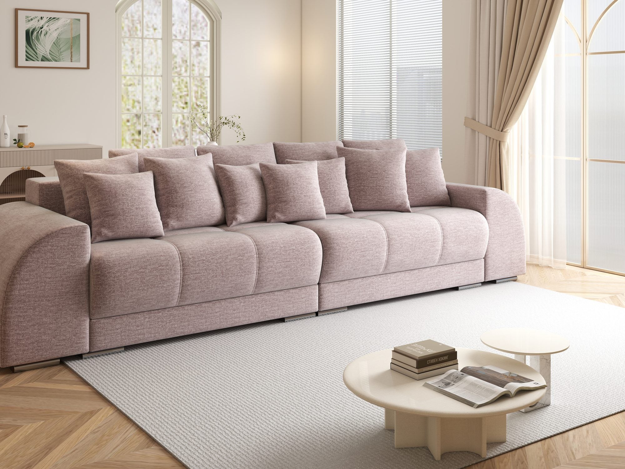 Canapea extensibilă dumonde cu 2 lăzi de depozitare si sezut confortabil din spuma high-density, Verona Monolith Roz Pudrat 62 310x100 cm