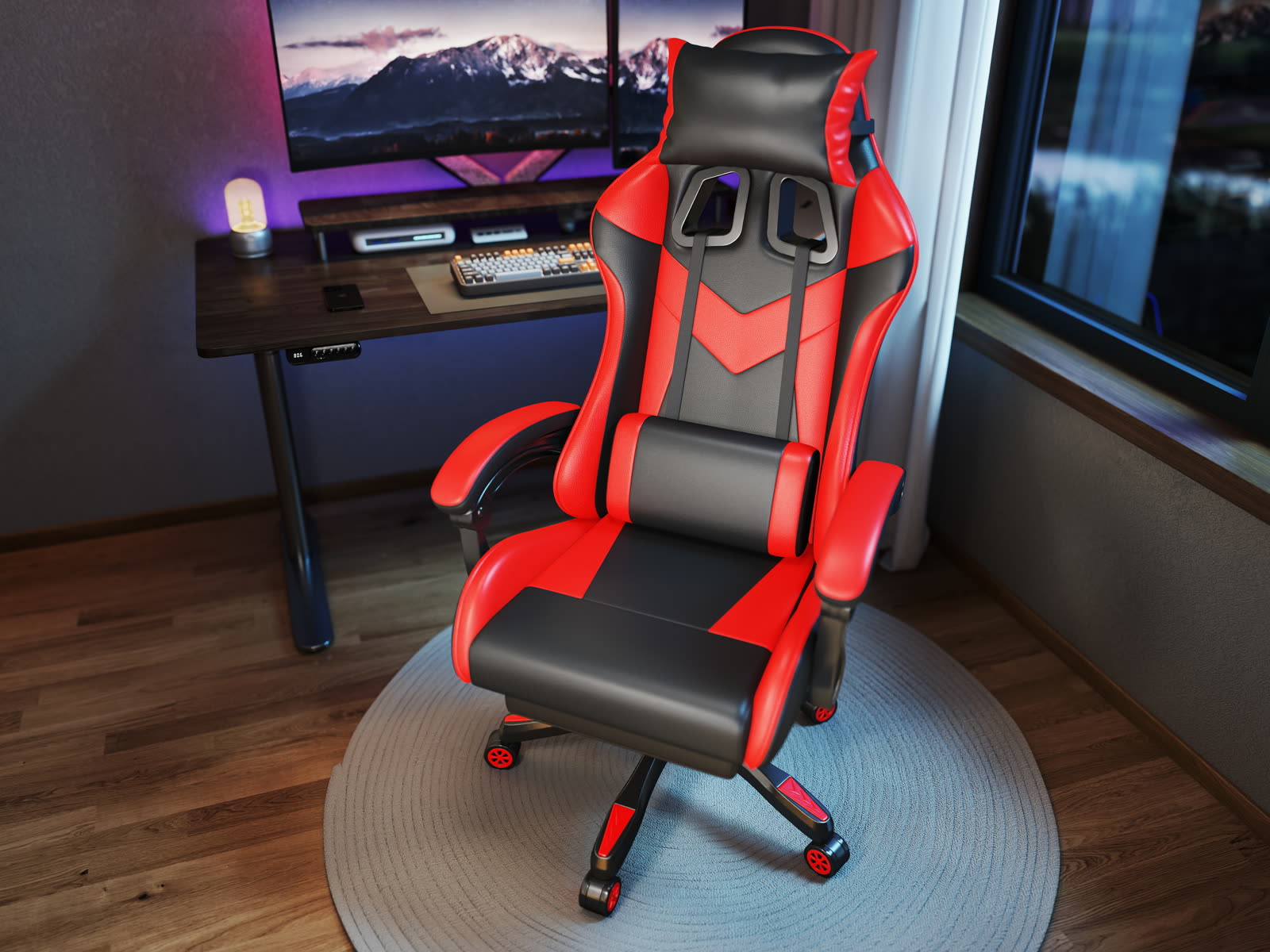 Scaun gaming Dumonde EXODUS, mecanism multifuncțional, ecopiele, suport picioare, rosu/negru