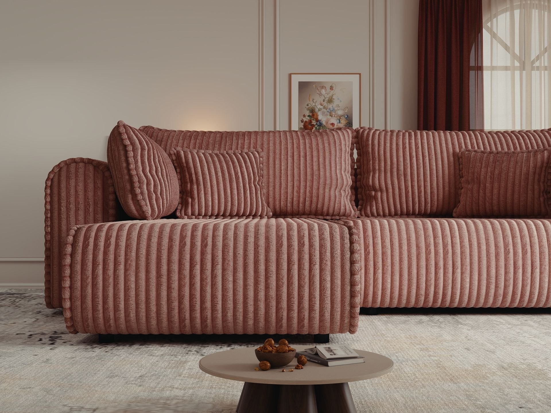 Colțar extensibil dumonde cu ladă de depozitare si sezut confortabil din spuma high-density, Monaco L Tilia Roz 270x100 cm