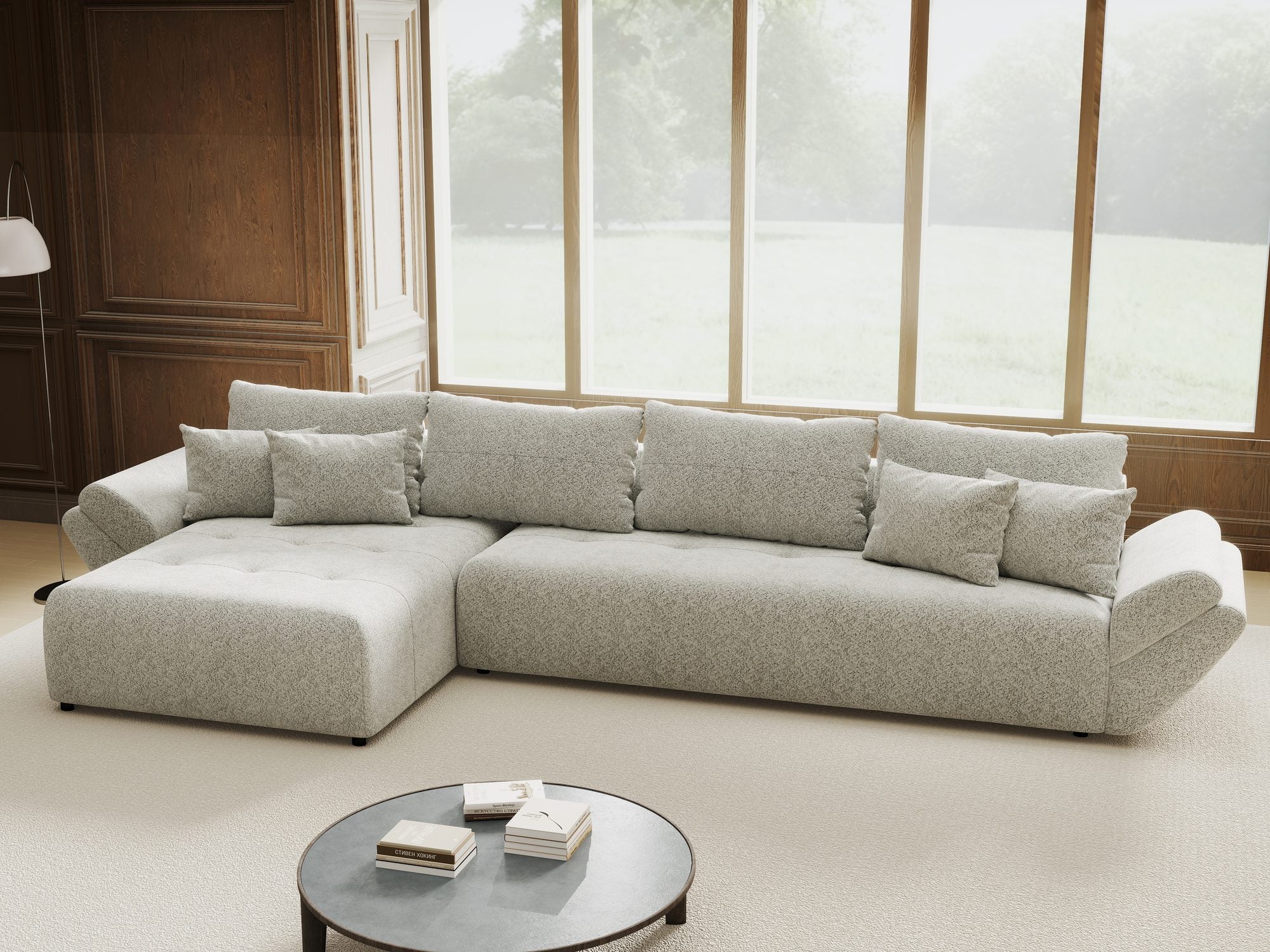 Colțar extensibil dumonde cu ladă de depozitare si sezut confortabil din spuma high-density, Berlin XL Arena Gri 15 350x185 cm