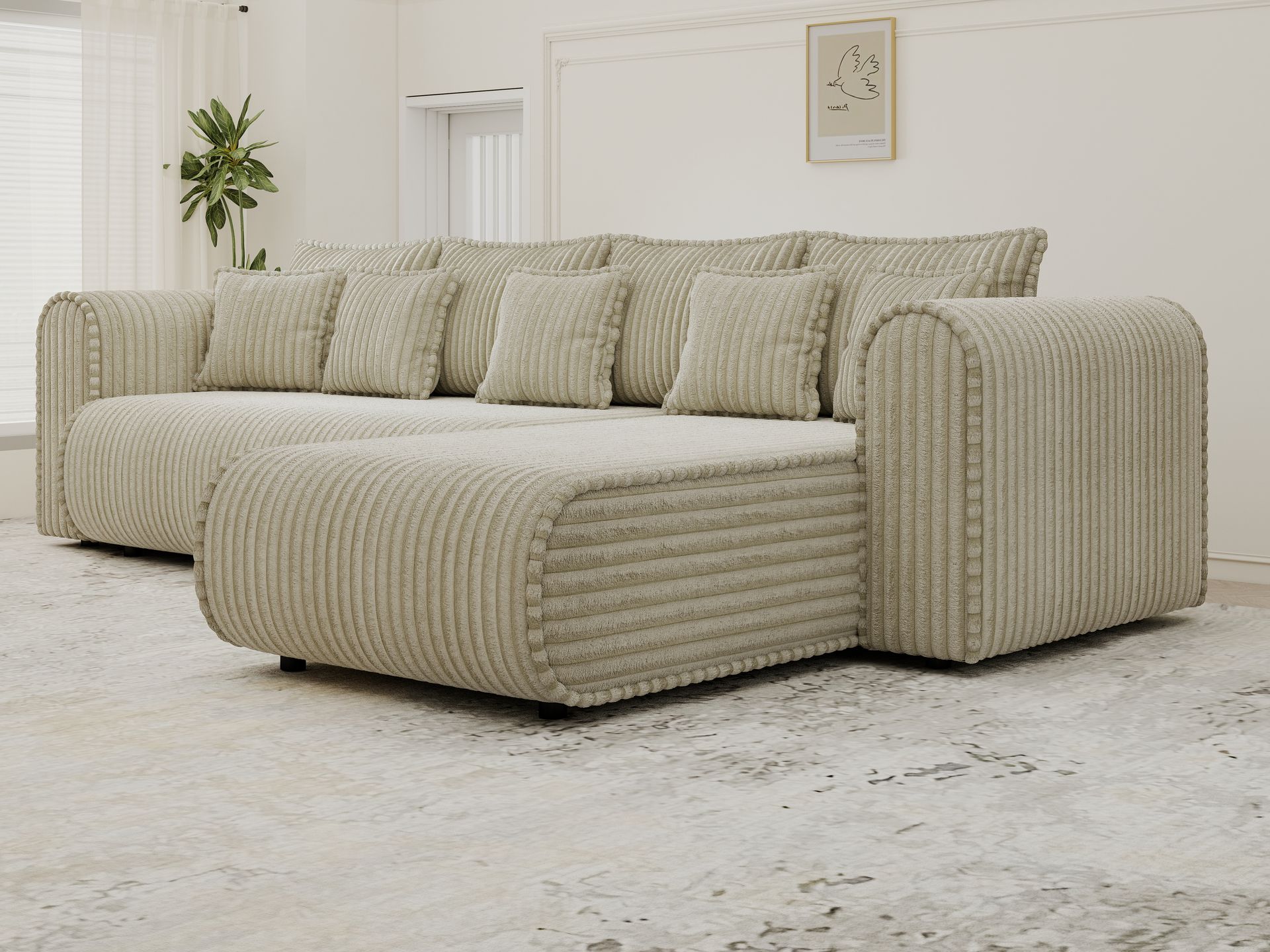 Colțar extensibil dumonde cu ladă de depozitare si sezut confortabil din spuma high-density, Monaco XL Tilia Bej II 340x185 cm