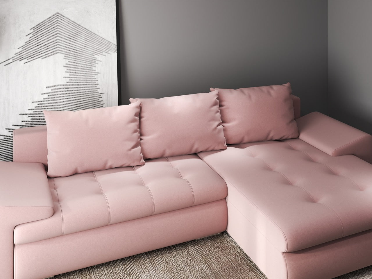 Colțar extensibil dumonde cu ladă de depozitare si sezut confortabil din spuma HR, Leonardo Royal Roz 260x185 cm II Fabrica