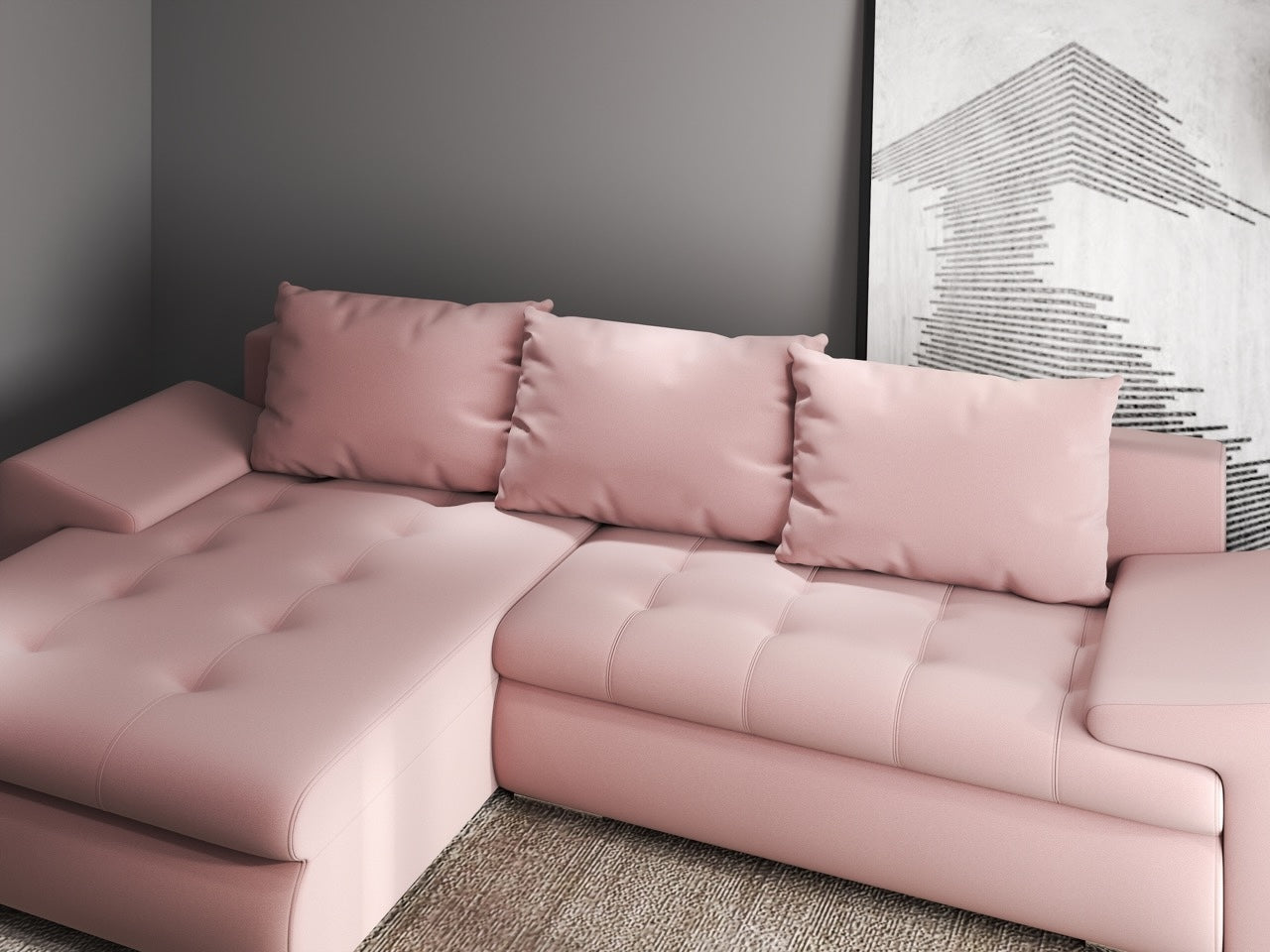 Colțar extensibil dumonde cu ladă de depozitare si sezut confortabil din spuma HR, Leonardo Royal Roz 260x185 cm Fabrica