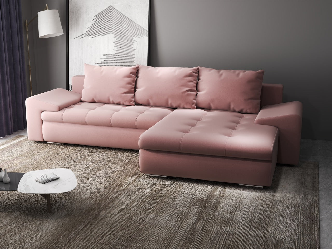 Colțar extensibil dumonde cu ladă de depozitare si sezut confortabil din spuma HR, Leonardo Royal Roz 260x185 cm II Fabrica