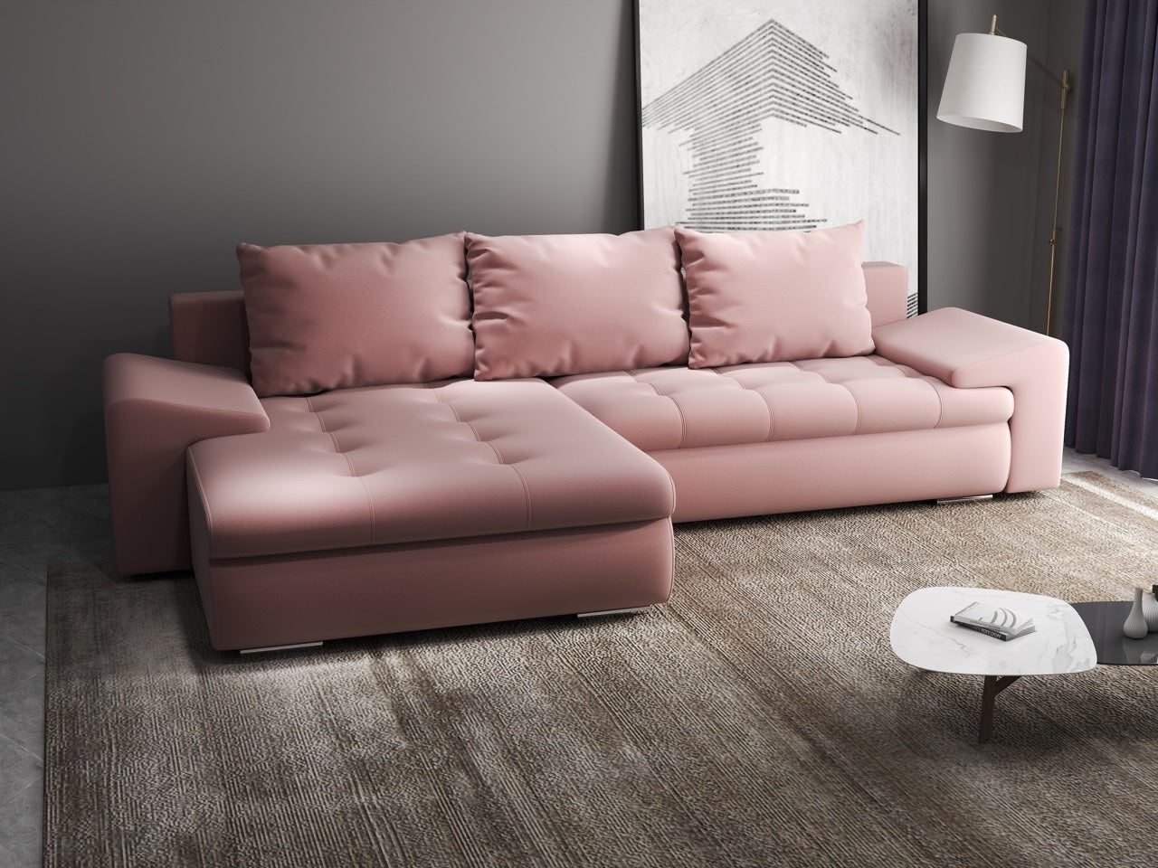 Colțar extensibil dumonde cu ladă de depozitare si sezut confortabil din spuma HR, Leonardo Royal Roz 260x185 cm Fabrica