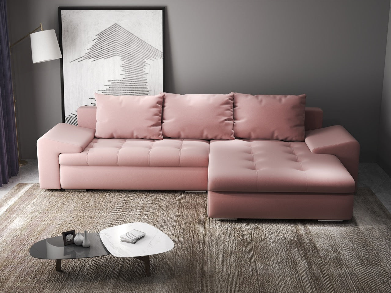 Colțar extensibil dumonde cu ladă de depozitare si sezut confortabil din spuma HR, Leonardo Royal Roz 260x185 cm II Fabrica