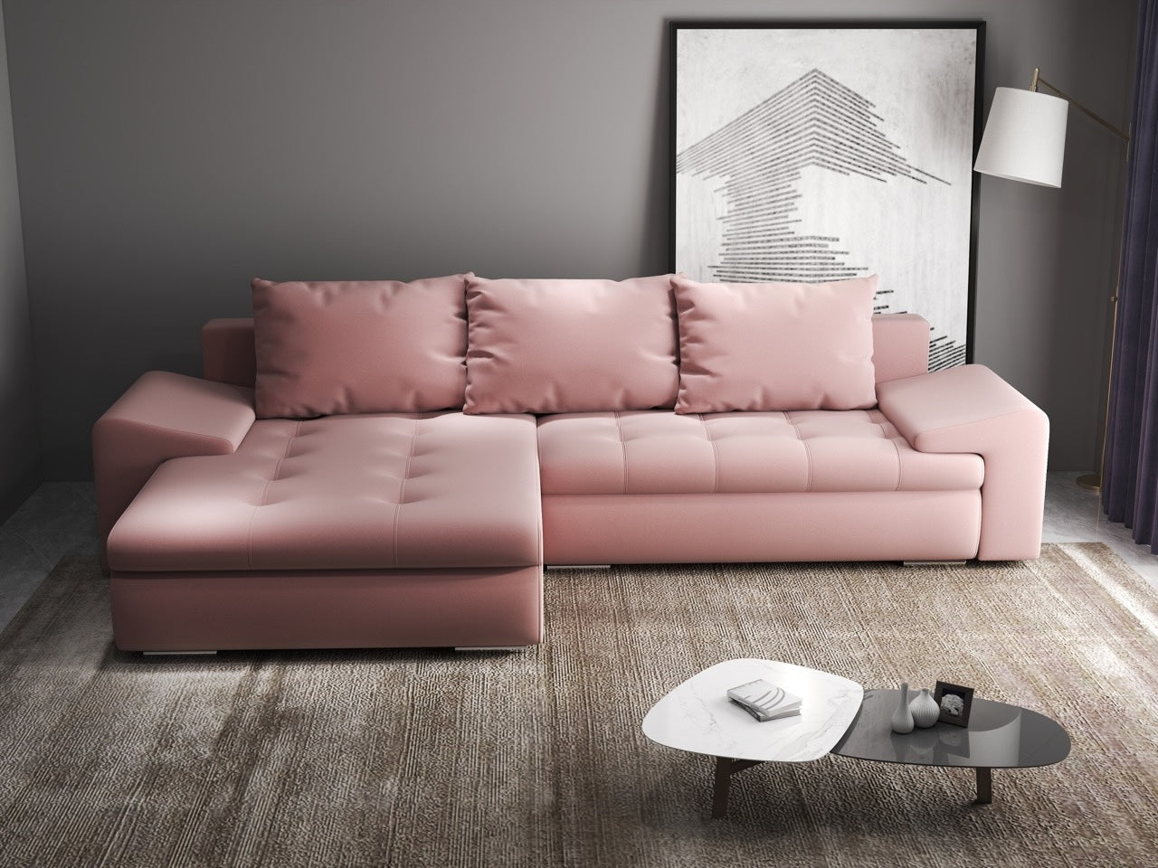 Colțar extensibil dumonde cu ladă de depozitare si sezut confortabil din spuma HR, Leonardo Royal Roz 260x185 cm Fabrica