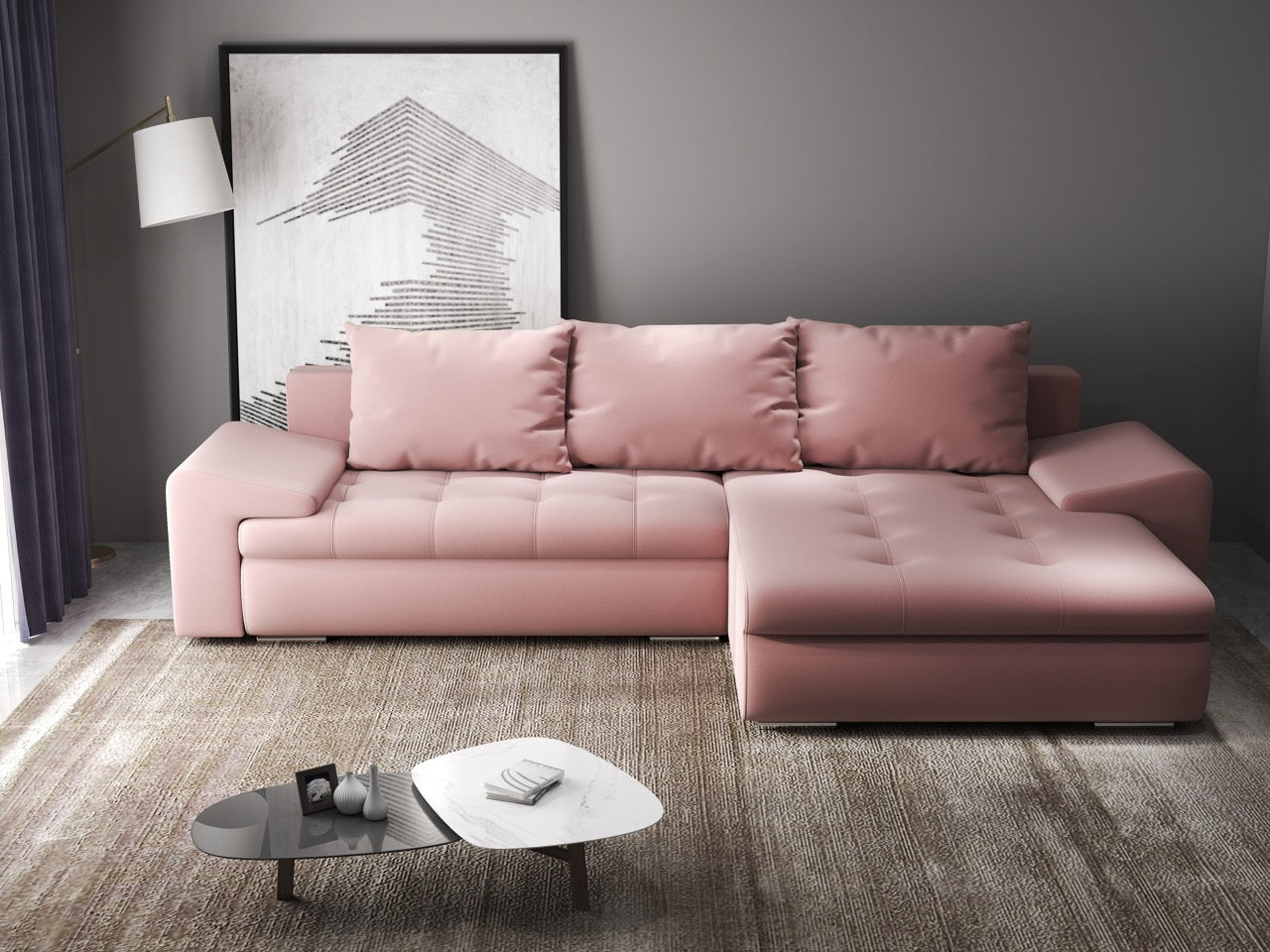 Colțar extensibil dumonde cu ladă de depozitare si sezut confortabil din spuma HR, Leonardo Royal Roz 260x185 cm II Fabrica