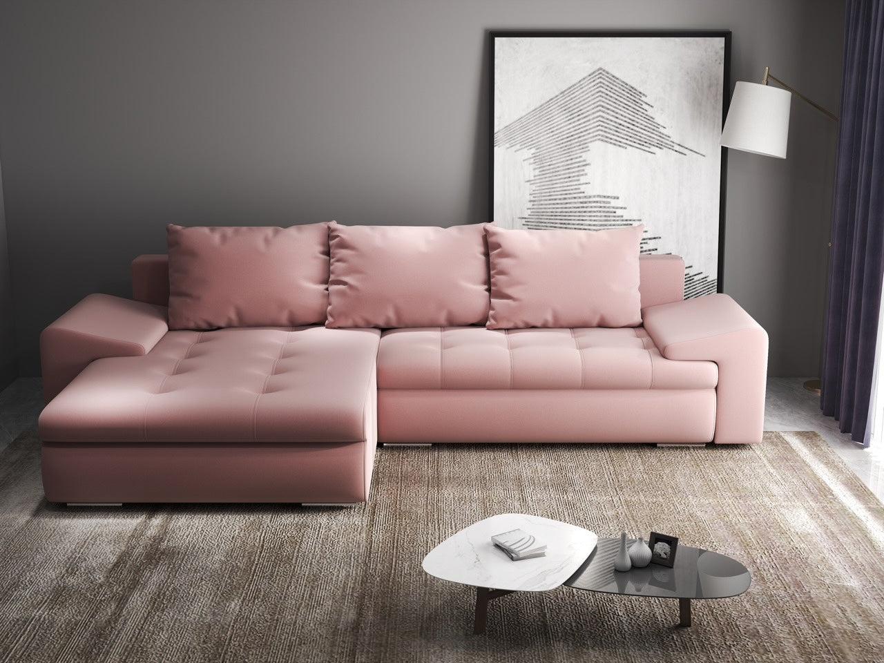 Colțar extensibil dumonde cu ladă de depozitare si sezut confortabil din spuma HR, Leonardo Royal Roz 260x185 cm Fabrica