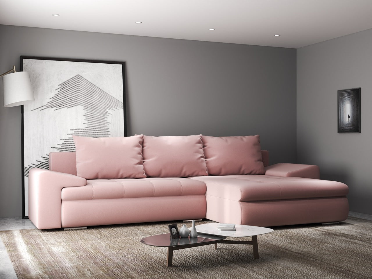 Colțar extensibil dumonde cu ladă de depozitare si sezut confortabil din spuma HR, Leonardo Royal Roz 260x185 cm II Fabrica