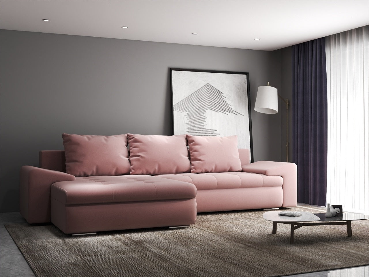 Colțar extensibil dumonde cu ladă de depozitare si sezut confortabil din spuma HR, Leonardo Royal Roz 260x185 cm Fabrica