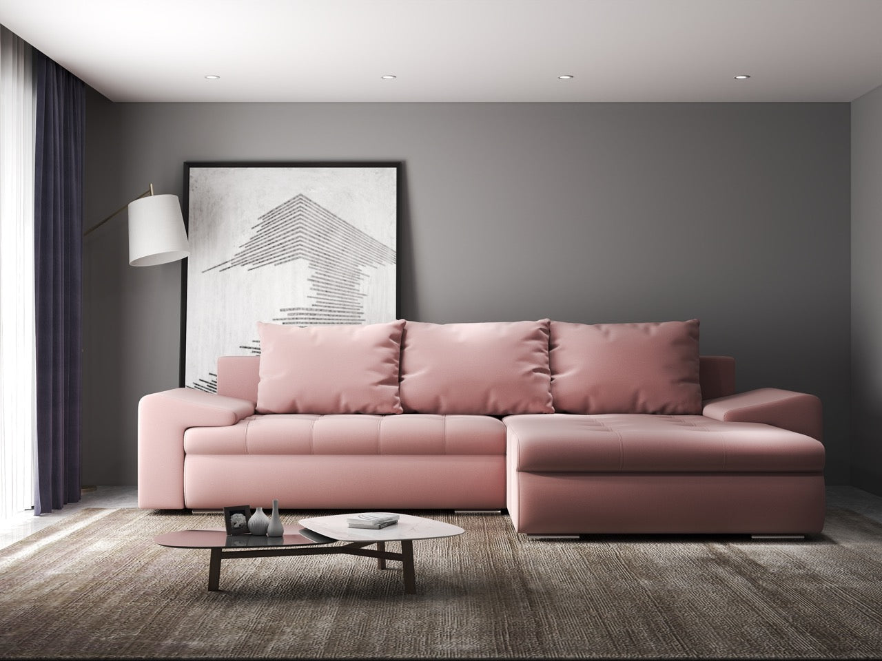 Colțar extensibil dumonde cu ladă de depozitare si sezut confortabil din spuma HR, Leonardo Royal Roz 260x185 cm II Fabrica