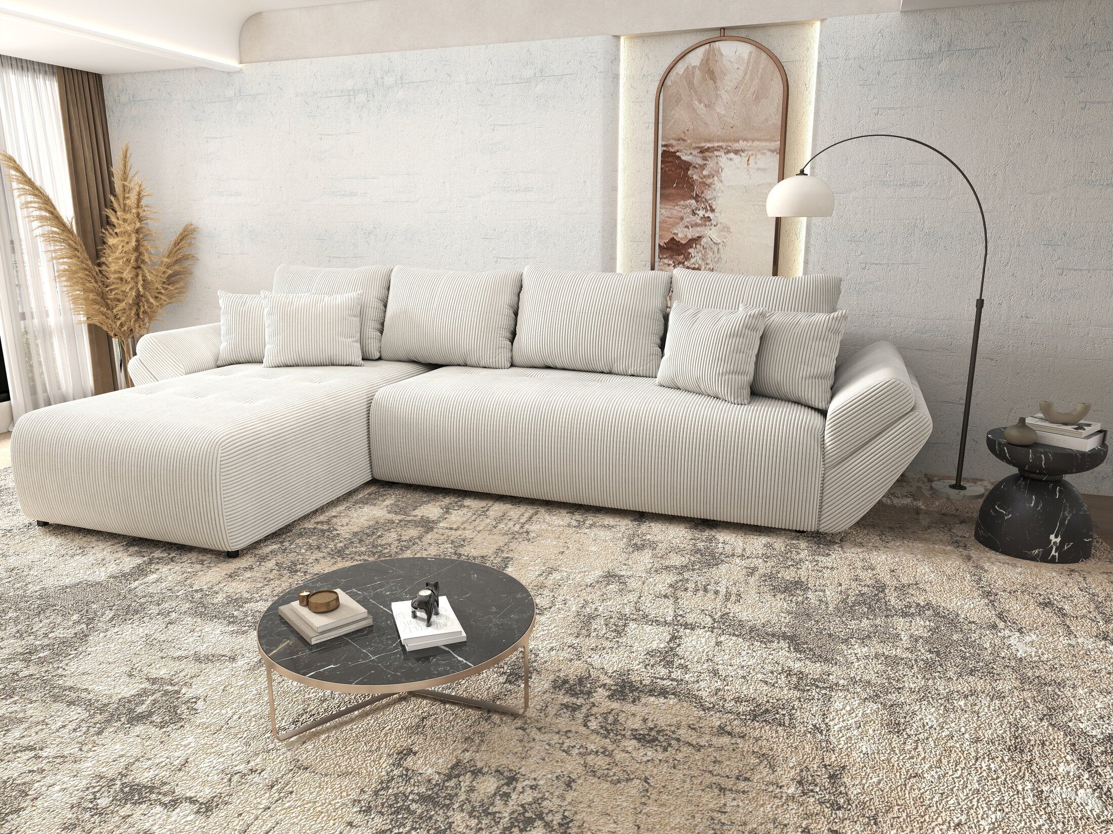 Colțar extensibil dumonde cu ladă de depozitare si sezut confortabil din spuma HR, Berlin XL Zoom Crem 350x185 cm