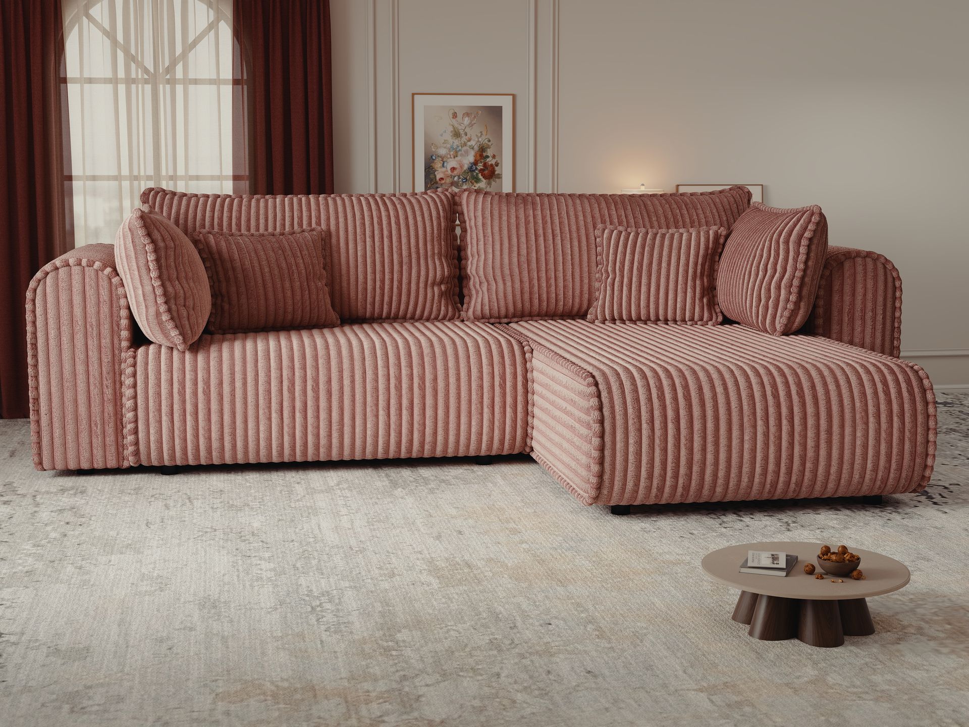 Colțar extensibil dumonde cu ladă de depozitare si sezut confortabil din spuma high-density, Monaco L Tilia Roz II 270x100 cm