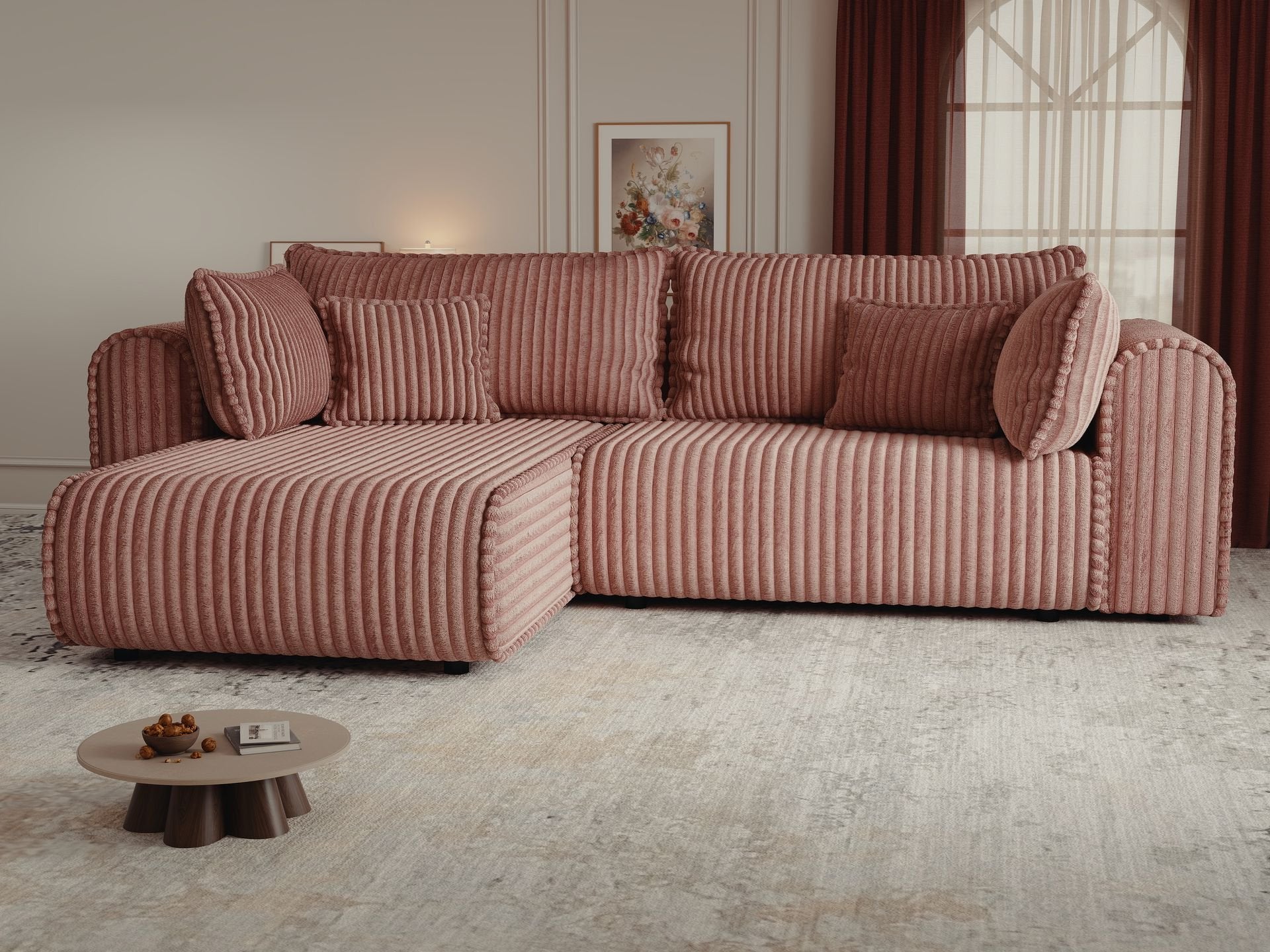 Colțar extensibil dumonde cu ladă de depozitare si sezut confortabil din spuma high-density, Monaco L Tilia Roz 270x100 cm