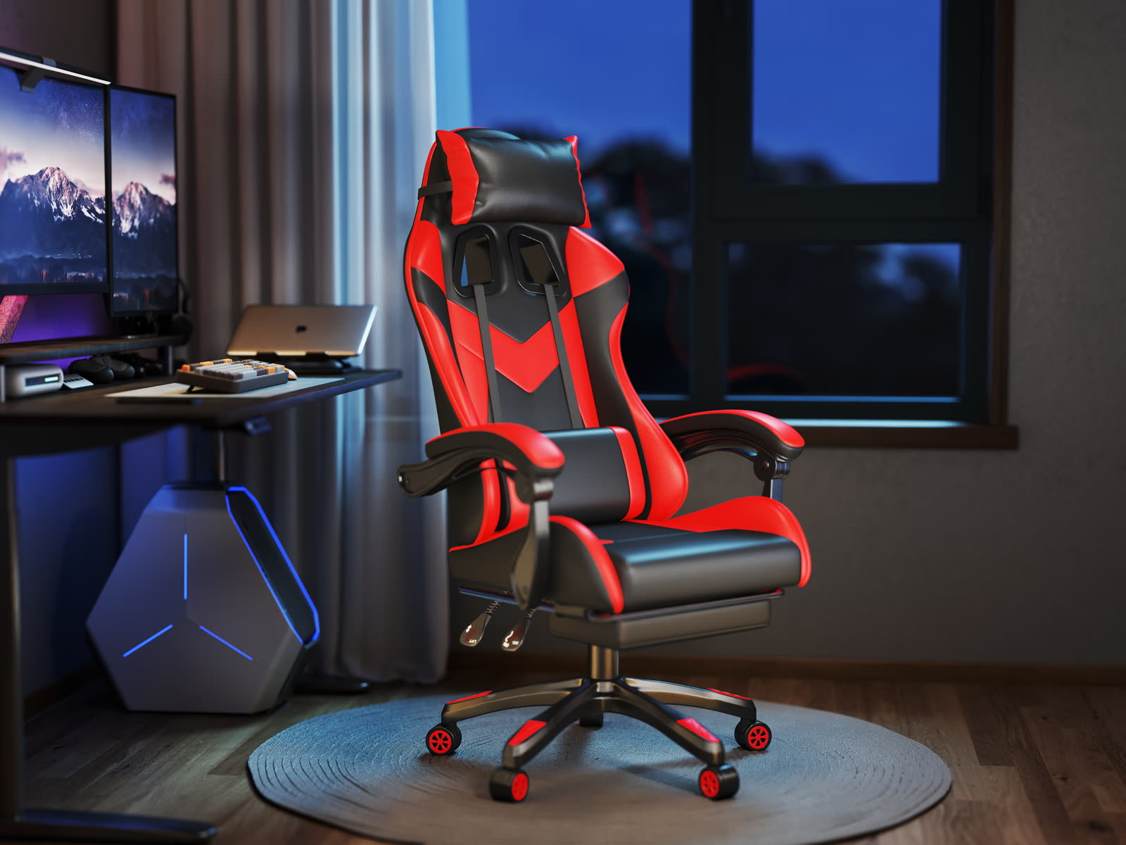 Scaun gaming Dumonde EXODUS, mecanism multifuncțional, ecopiele, suport picioare, rosu/negru