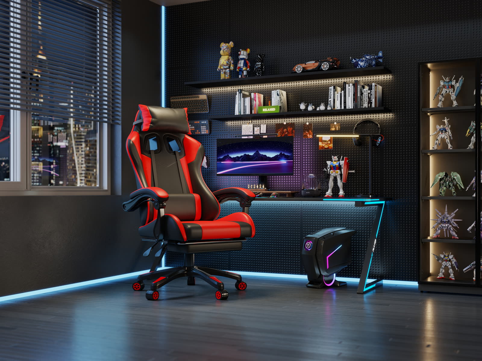 Scaun gaming Dumonde KRAKEN, mecanism multifuncțional, ecopiele, suport picioare, rosu/negru