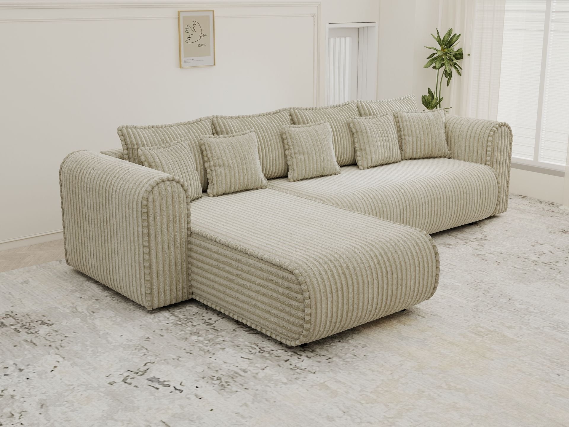 Colțar extensibil dumonde cu ladă de depozitare si sezut confortabil din spuma high-density, Monaco XL Tilia Bej 340x185 cm