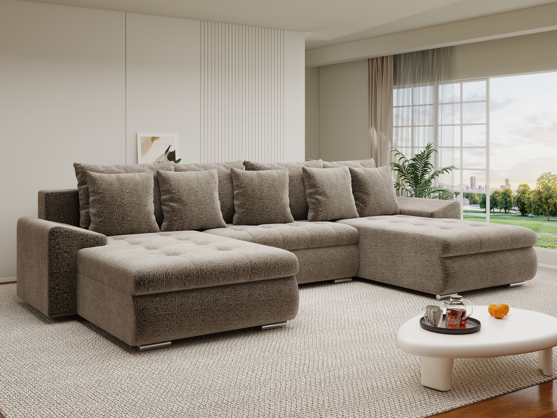 Colțar extensibil dumonde cu ladă de depozitare si sezut confortabil din spuma high-density, Leonardo U Jaguar Maro Cappuccino 08 360x185 cm
