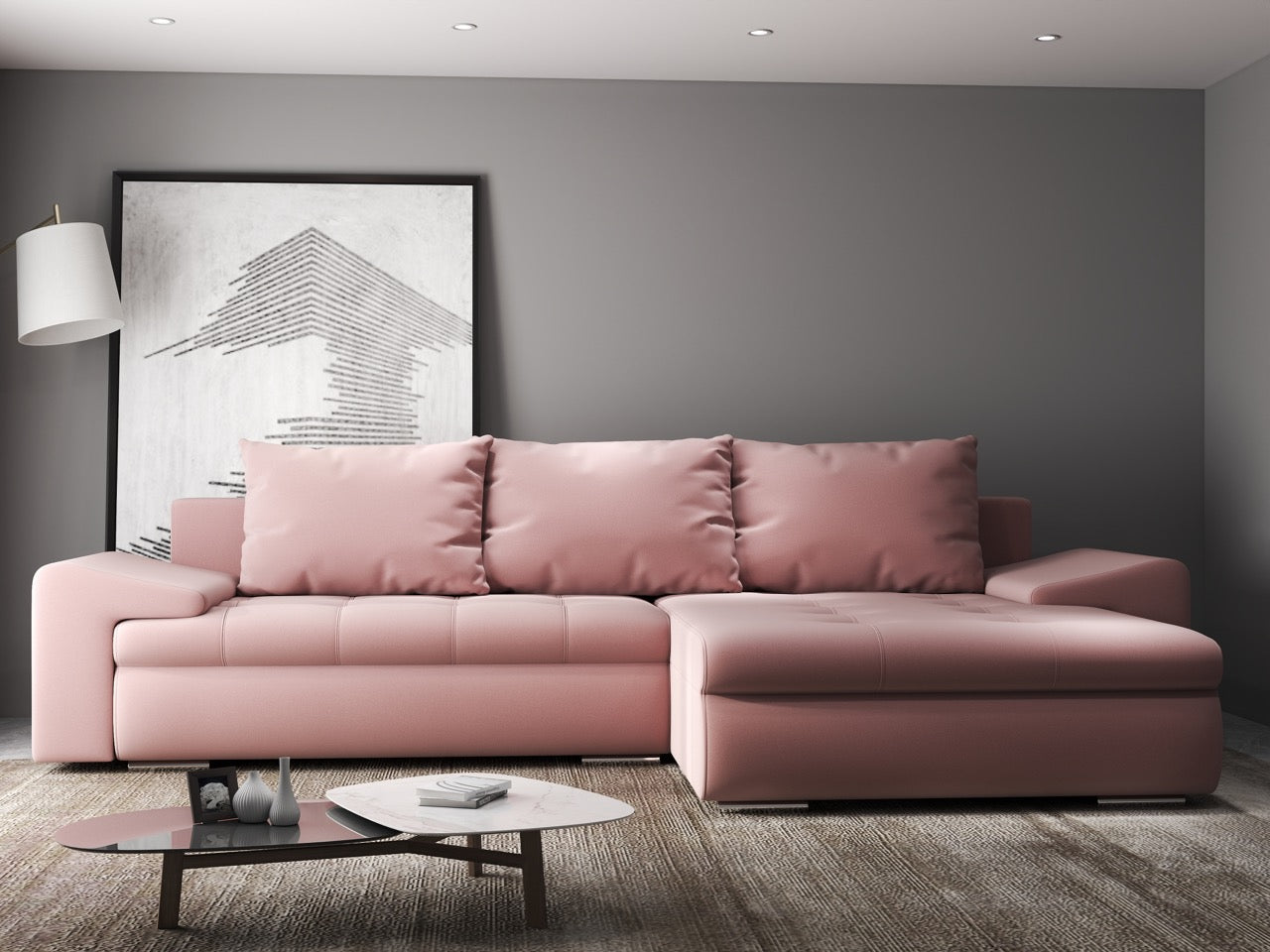 Colțar extensibil dumonde cu ladă de depozitare si sezut confortabil din spuma HR, Leonardo Royal Roz 260x185 cm II Fabrica