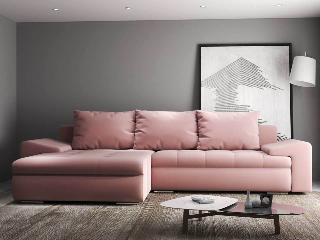 Colțar extensibil dumonde cu ladă de depozitare si sezut confortabil din spuma HR, Leonardo Royal Roz 260x185 cm Fabrica