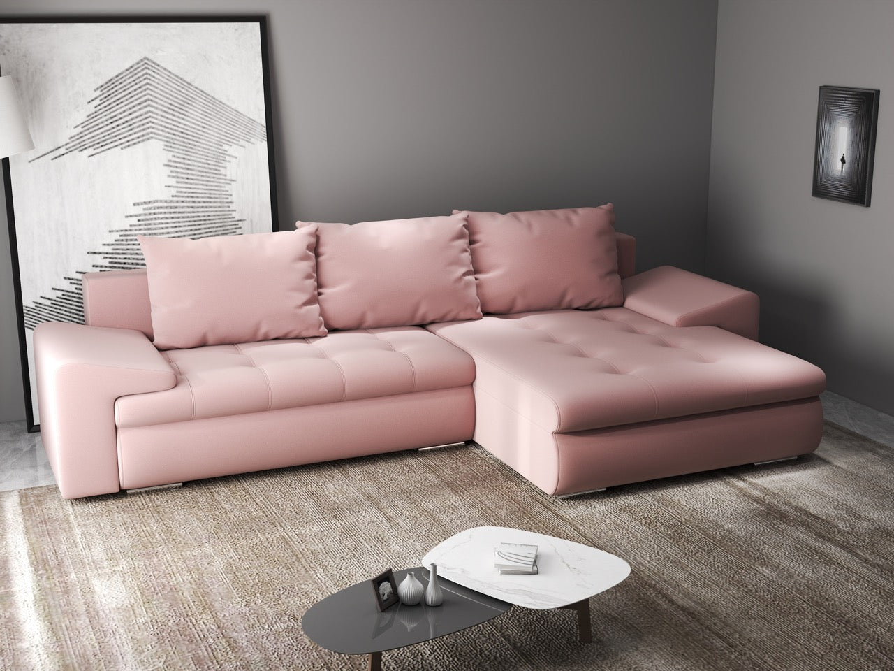 Colțar extensibil dumonde cu ladă de depozitare si sezut confortabil din spuma HR, Leonardo Royal Roz 260x185 cm II Fabrica