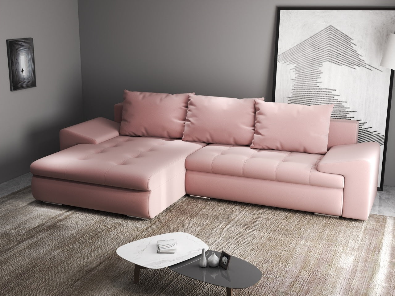 Colțar extensibil dumonde cu ladă de depozitare si sezut confortabil din spuma HR, Leonardo Royal Roz 260x185 cm Fabrica