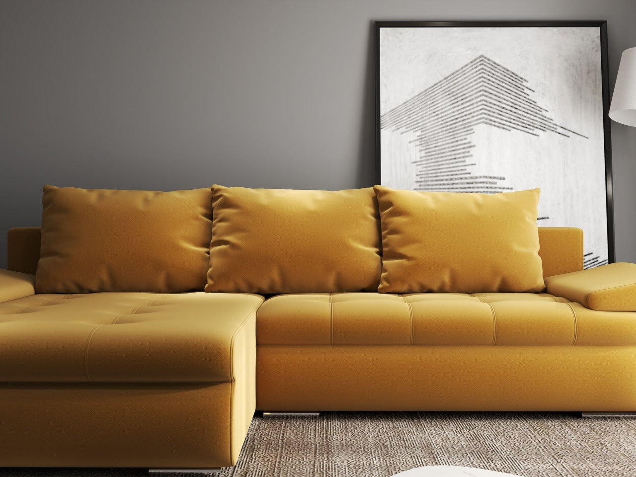 Colțar extensibil dumonde cu ladă de depozitare si sezut confortabil din spuma HR, Leonardo Royal Mustar 255x193 cm Fabrica