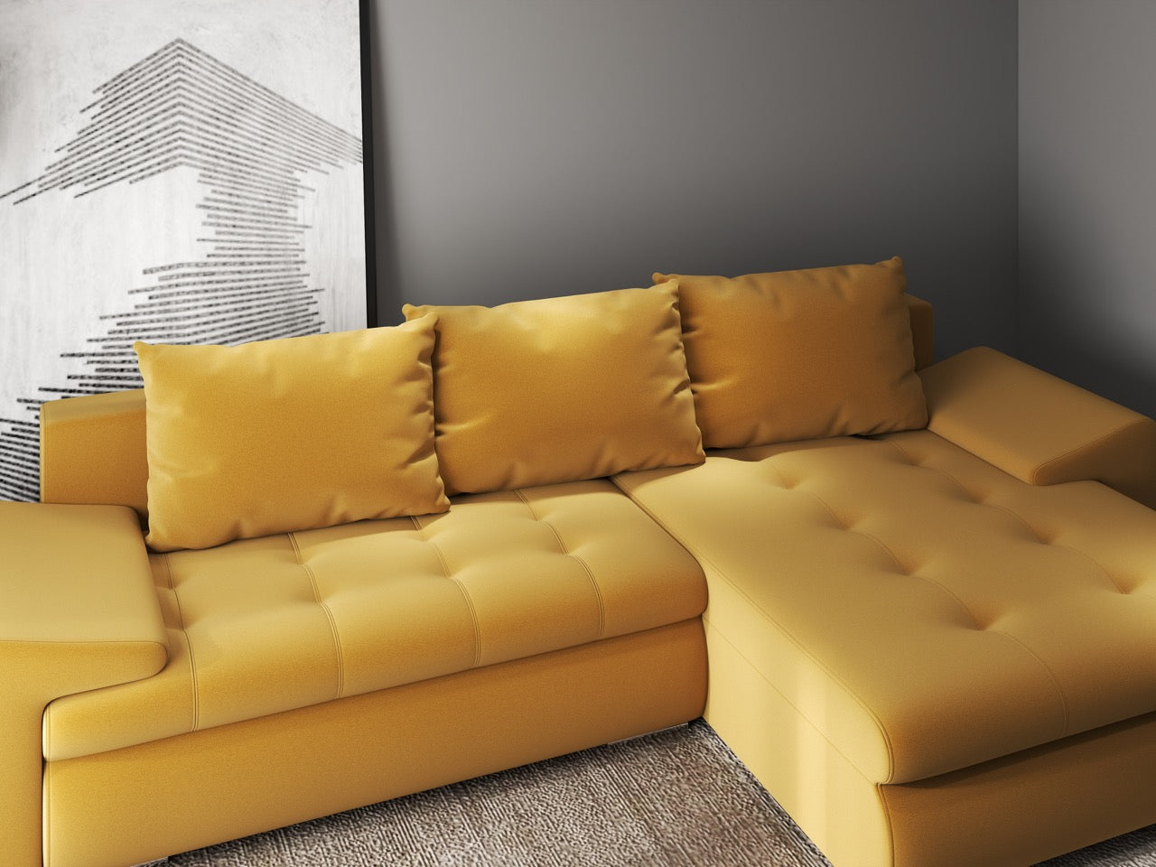 Colțar extensibil dumonde cu ladă de depozitare si sezut confortabil din spuma HR, Leonardo Royal Mustar 260x185 cm II Fabrica