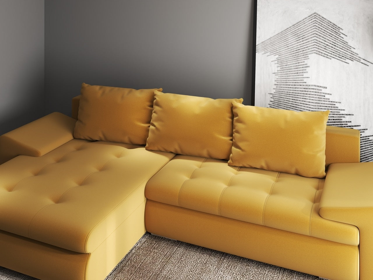 Colțar extensibil dumonde cu ladă de depozitare si sezut confortabil din spuma HR, Leonardo Royal Mustar 260x185 cm Fabrica