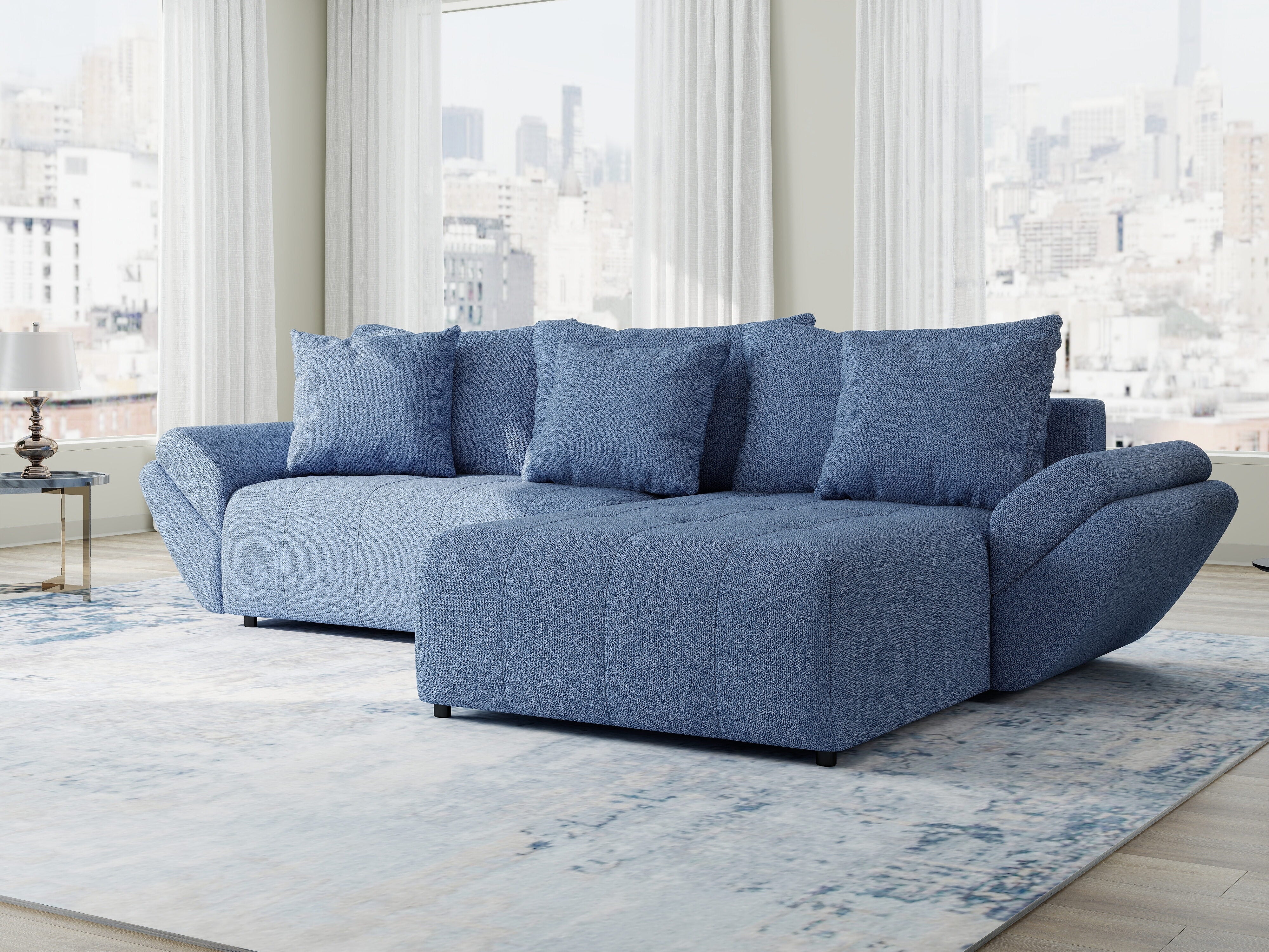 Colțar extensibil dumonde cu ladă de depozitare si sezut confortabil din spuma HR, Berlin Enjoy Albastru 280x185 cm II