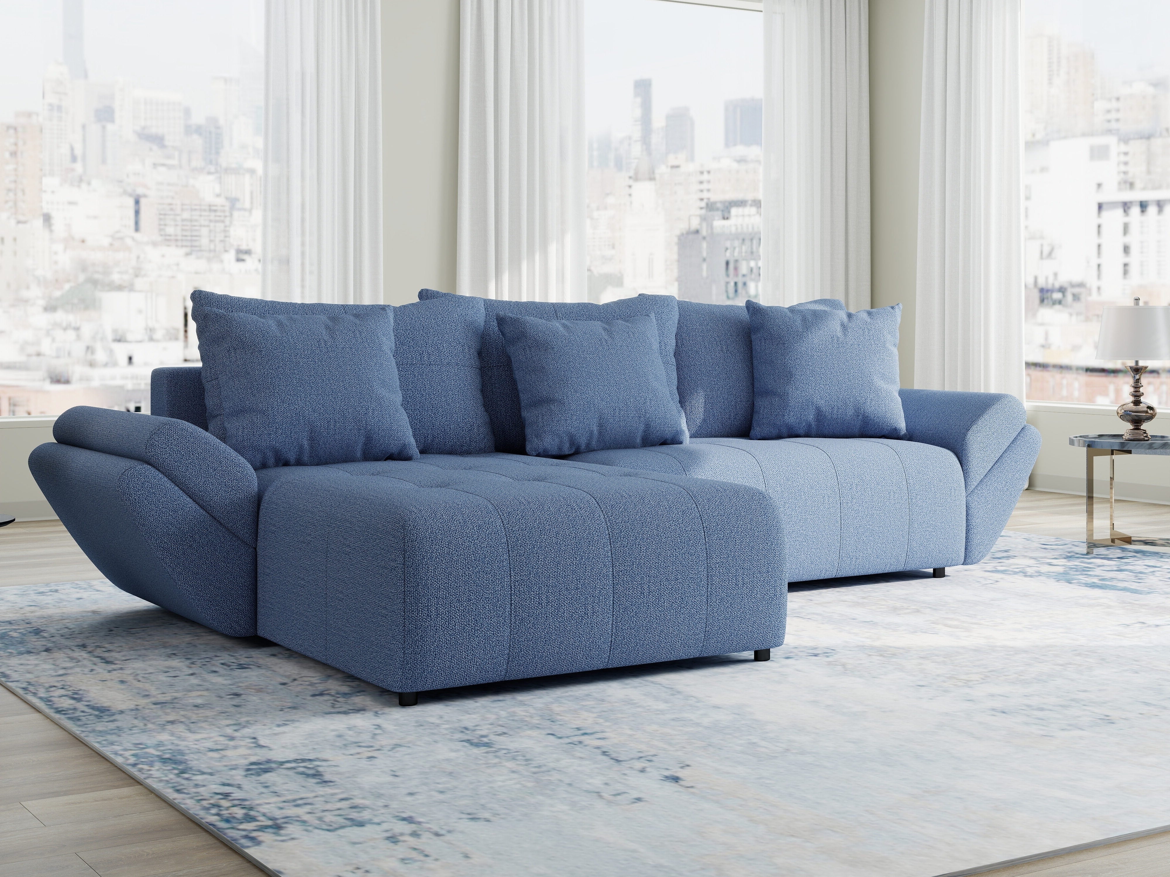 Colțar extensibil dumonde cu ladă de depozitare si sezut confortabil din spuma HR, Berlin Enjoy Albastru 280x185 cm