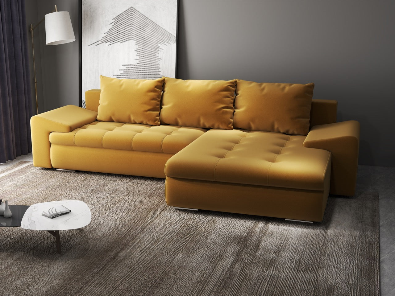 Colțar extensibil dumonde cu ladă de depozitare si sezut confortabil din spuma HR, Leonardo Royal Mustar 260x185 cm II Fabrica