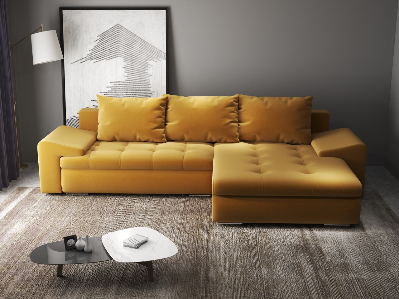 Colțar extensibil dumonde cu ladă de depozitare si sezut confortabil din spuma HR, Leonardo Royal Mustar 260x185 cm II Fabrica