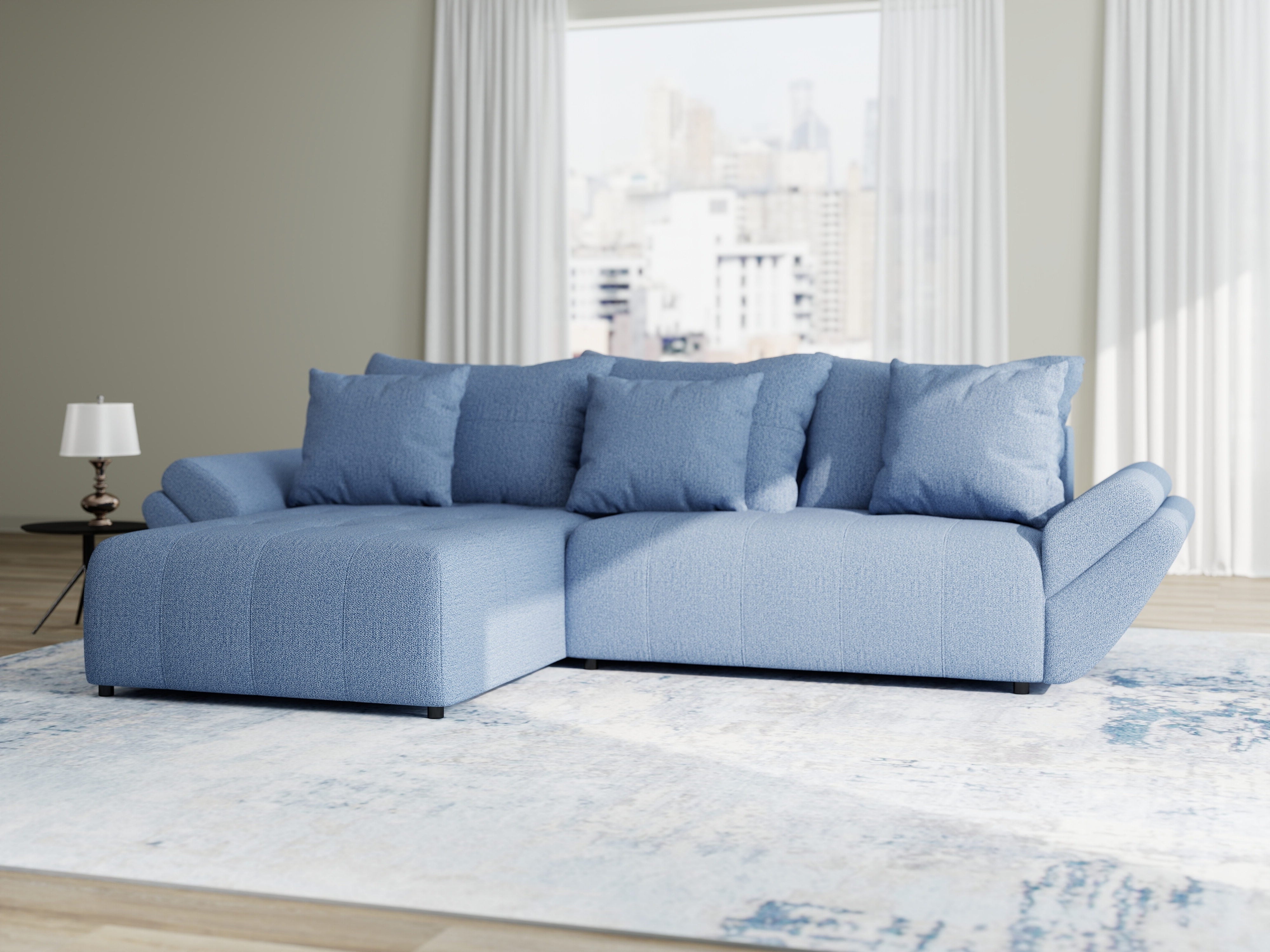 Colțar extensibil dumonde cu ladă de depozitare si sezut confortabil din spuma HR, Berlin Enjoy Albastru 280x185 cm