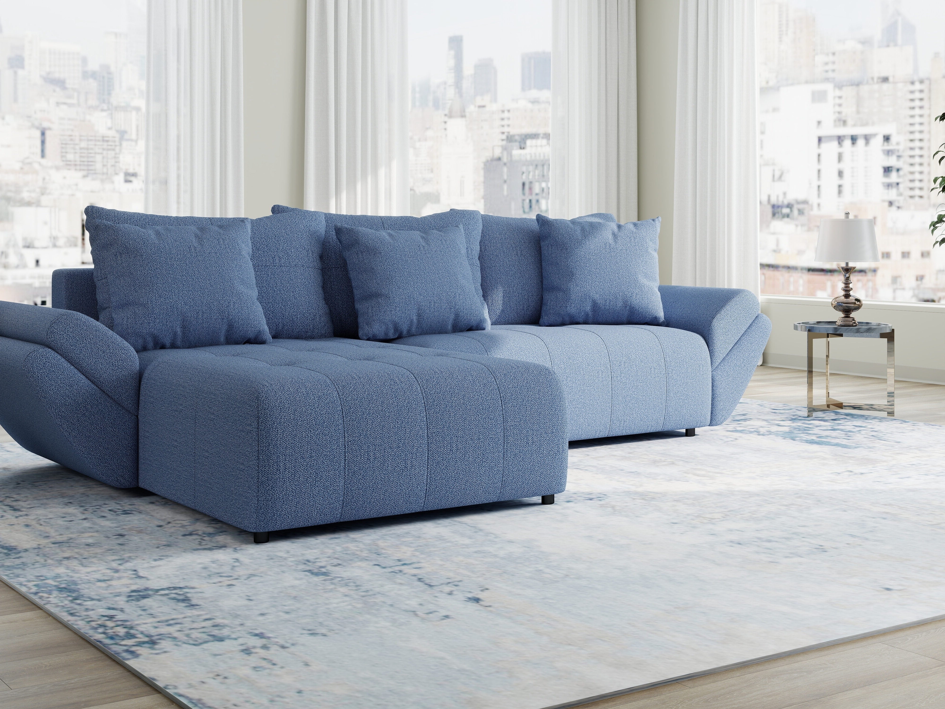 Colțar extensibil dumonde cu ladă de depozitare si sezut confortabil din spuma HR, Berlin Enjoy Albastru 280x185 cm