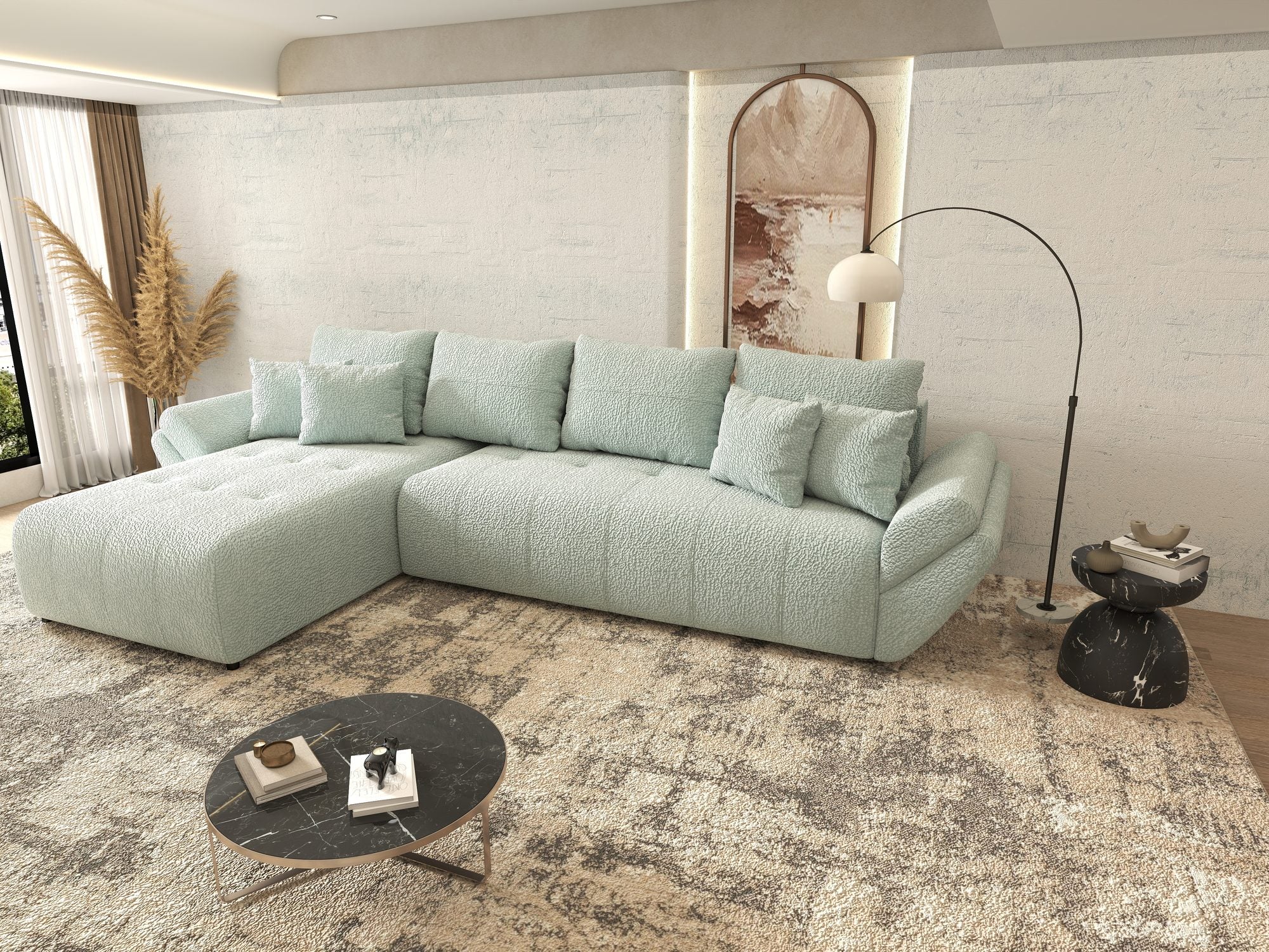 Colțar extensibil dumonde cu ladă de depozitare si sezut confortabil din spuma high-density, Berlin XL Jaguar Verde Mint 16 350x185 cm