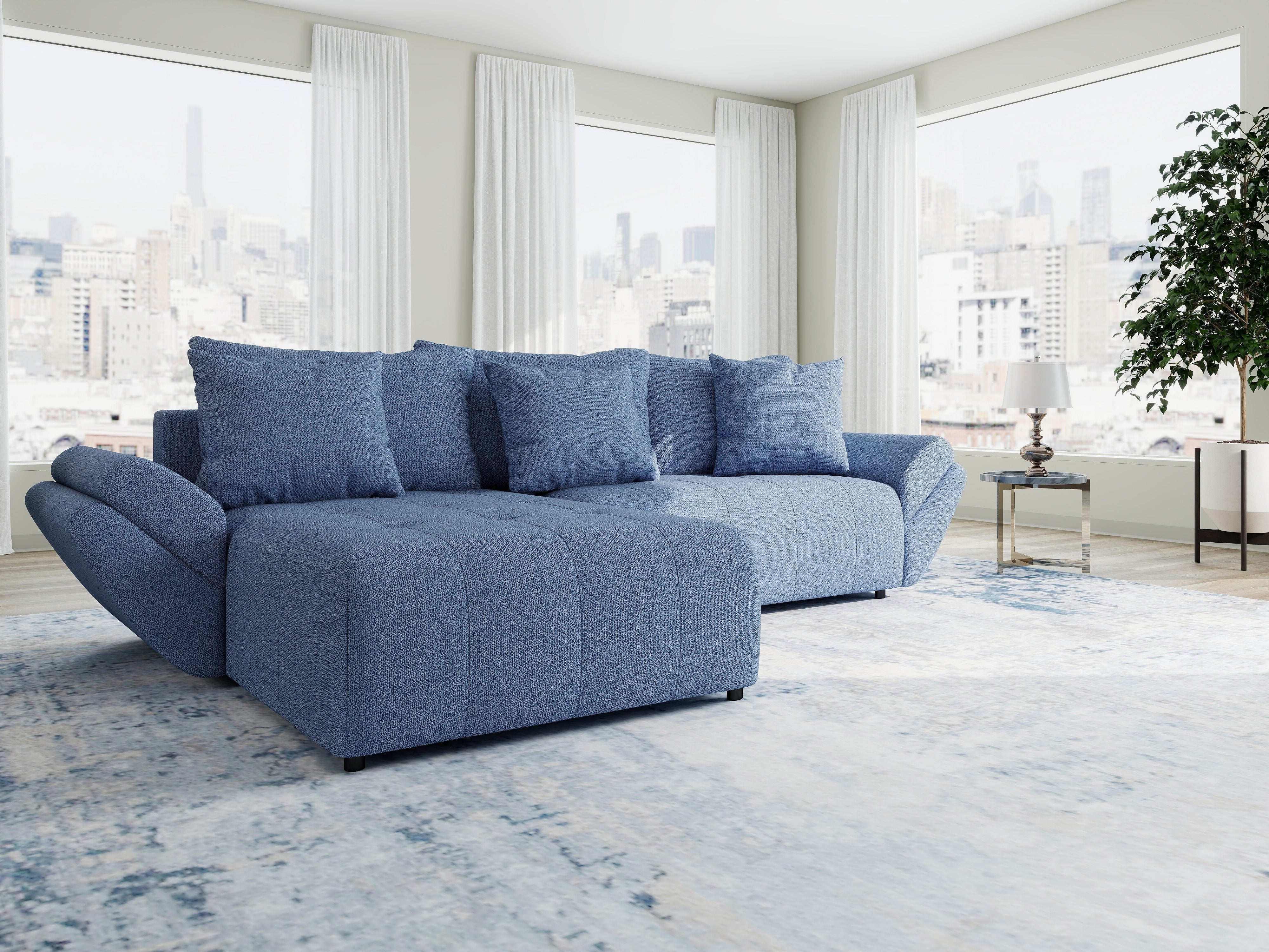 Colțar extensibil dumonde cu ladă de depozitare si sezut confortabil din spuma HR, Berlin Enjoy Albastru 280x185 cm