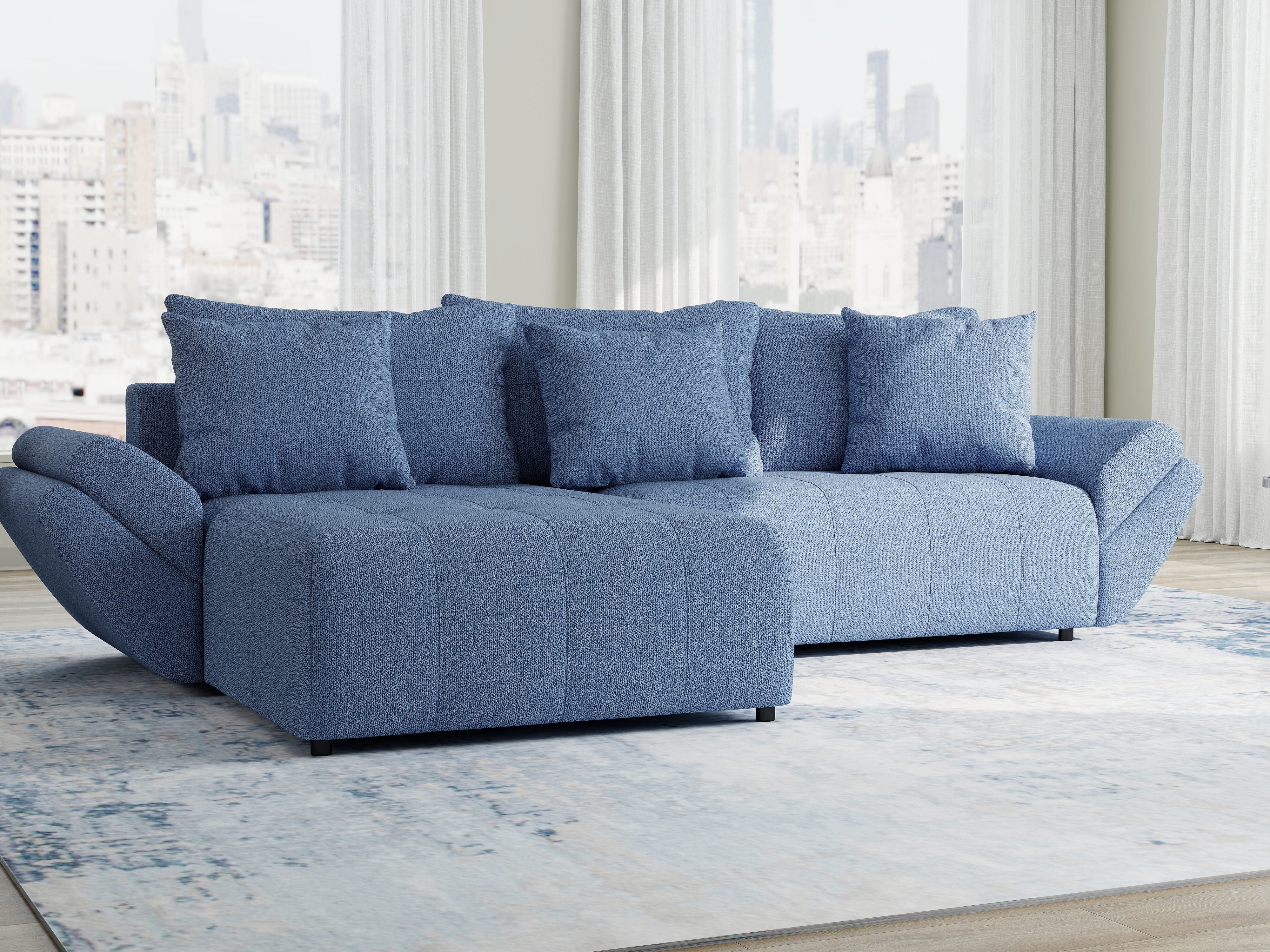 Colțar extensibil dumonde cu ladă de depozitare si sezut confortabil din spuma HR, Berlin Enjoy Albastru 280x185 cm