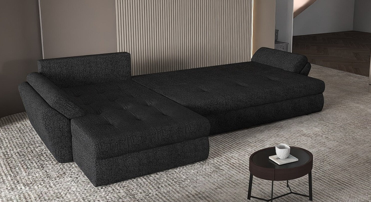 Colțar extensibil dumonde cu ladă de depozitare si sezut confortabil din spuma HR, Loana XL Enjoy Negru II 335x185 cm Fabrica