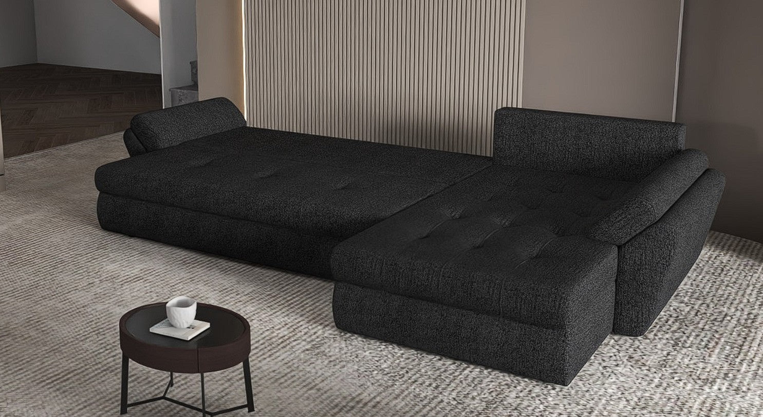 Colțar extensibil dumonde cu ladă de depozitare si sezut confortabil din spuma HR, Loana XL Enjoy Negru 335x185 cm Fabrica