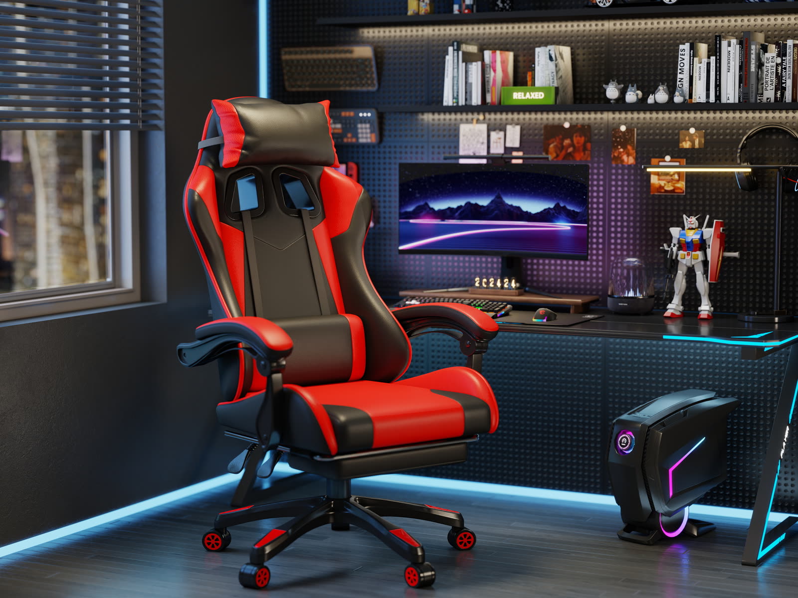 Scaun gaming Dumonde KRAKEN, mecanism multifuncțional, ecopiele, suport picioare, rosu/negru