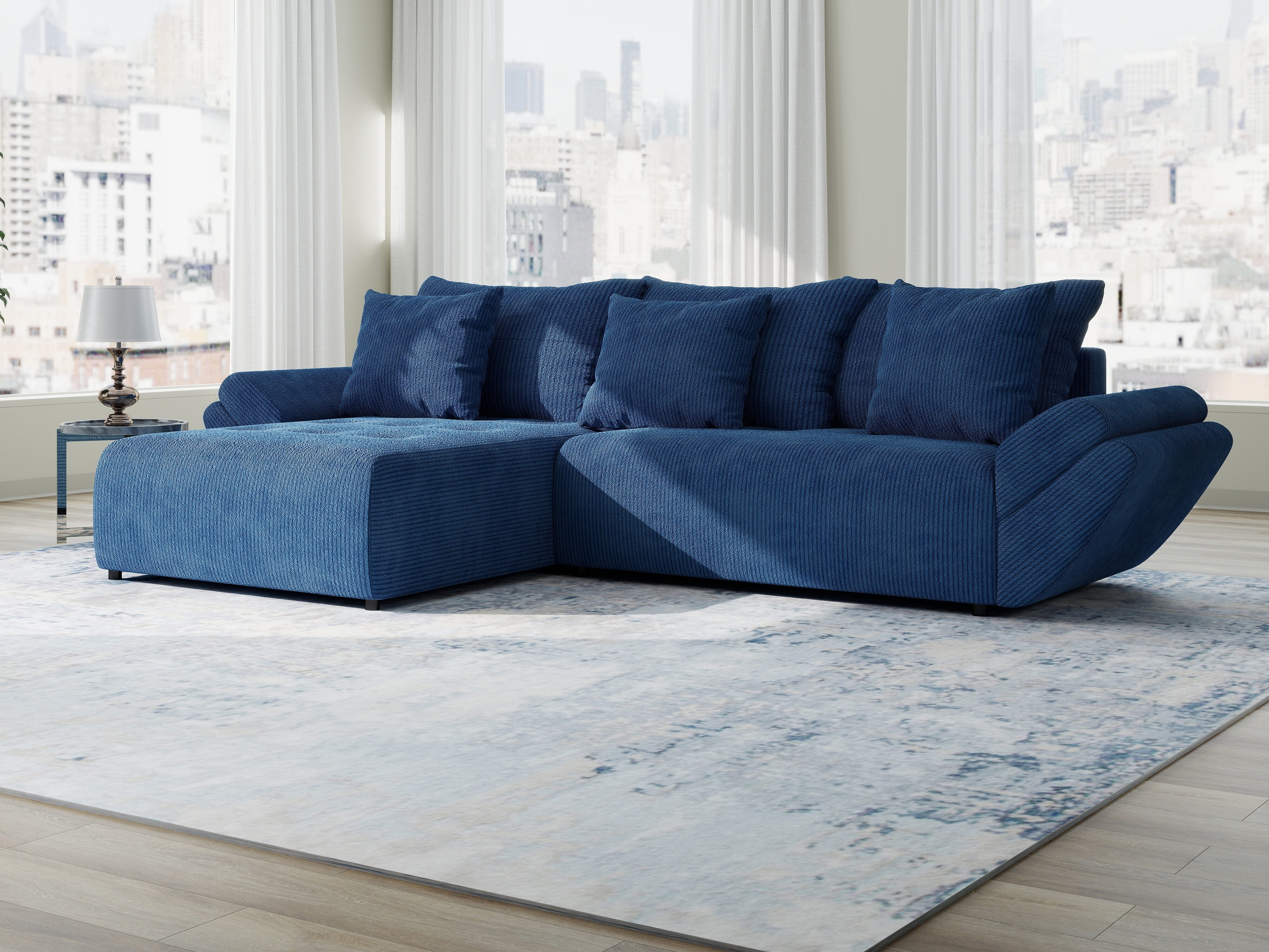 Colțar extensibil dumonde cu ladă de depozitare si sezut confortabil din spuma HR, Berlin Zoom Albastru 280x185 cm