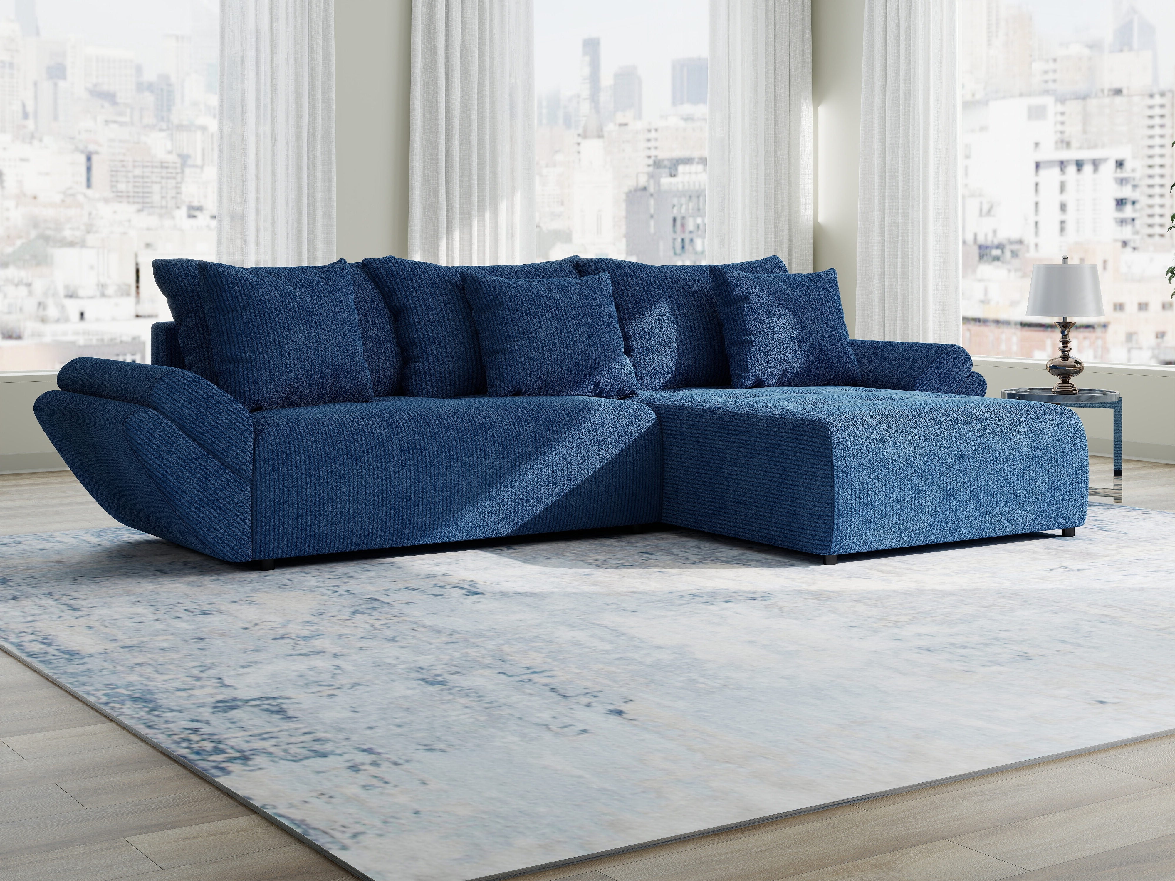 Colțar extensibil dumonde cu ladă de depozitare si sezut confortabil din spuma HR, Berlin Zoom Albastru 280x185 cm II