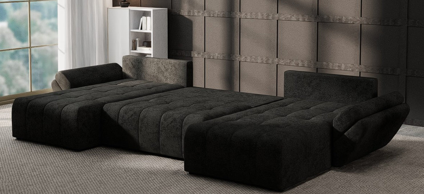 Colțar extensibil dumonde cu ladă de depozitare si sezut confortabil din spuma HR, Berlin U Enjoy Black 380x180 cm Fabrica