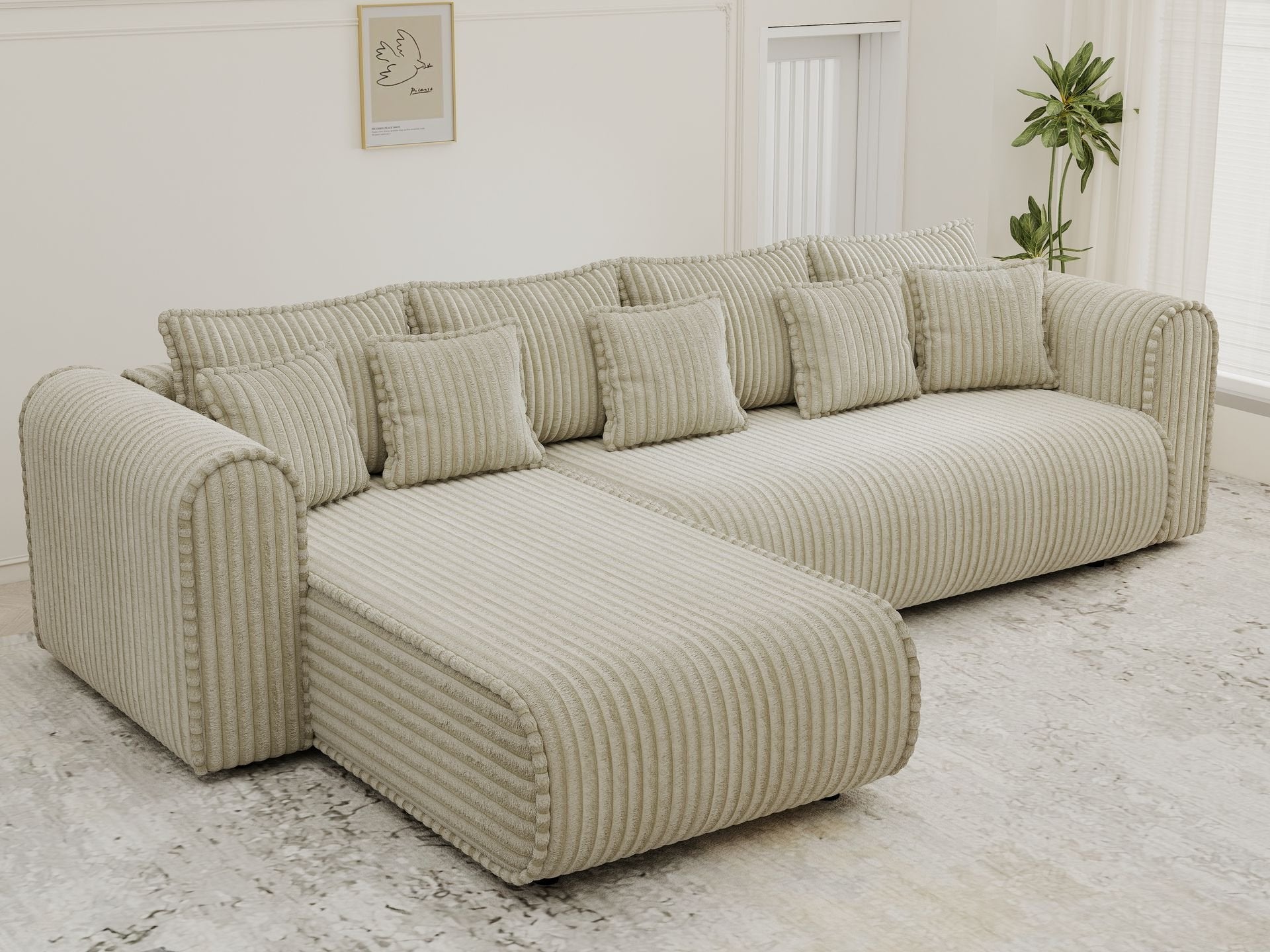 Colțar extensibil dumonde cu ladă de depozitare si sezut confortabil din spuma high-density, Monaco XL Tilia Bej 340x185 cm