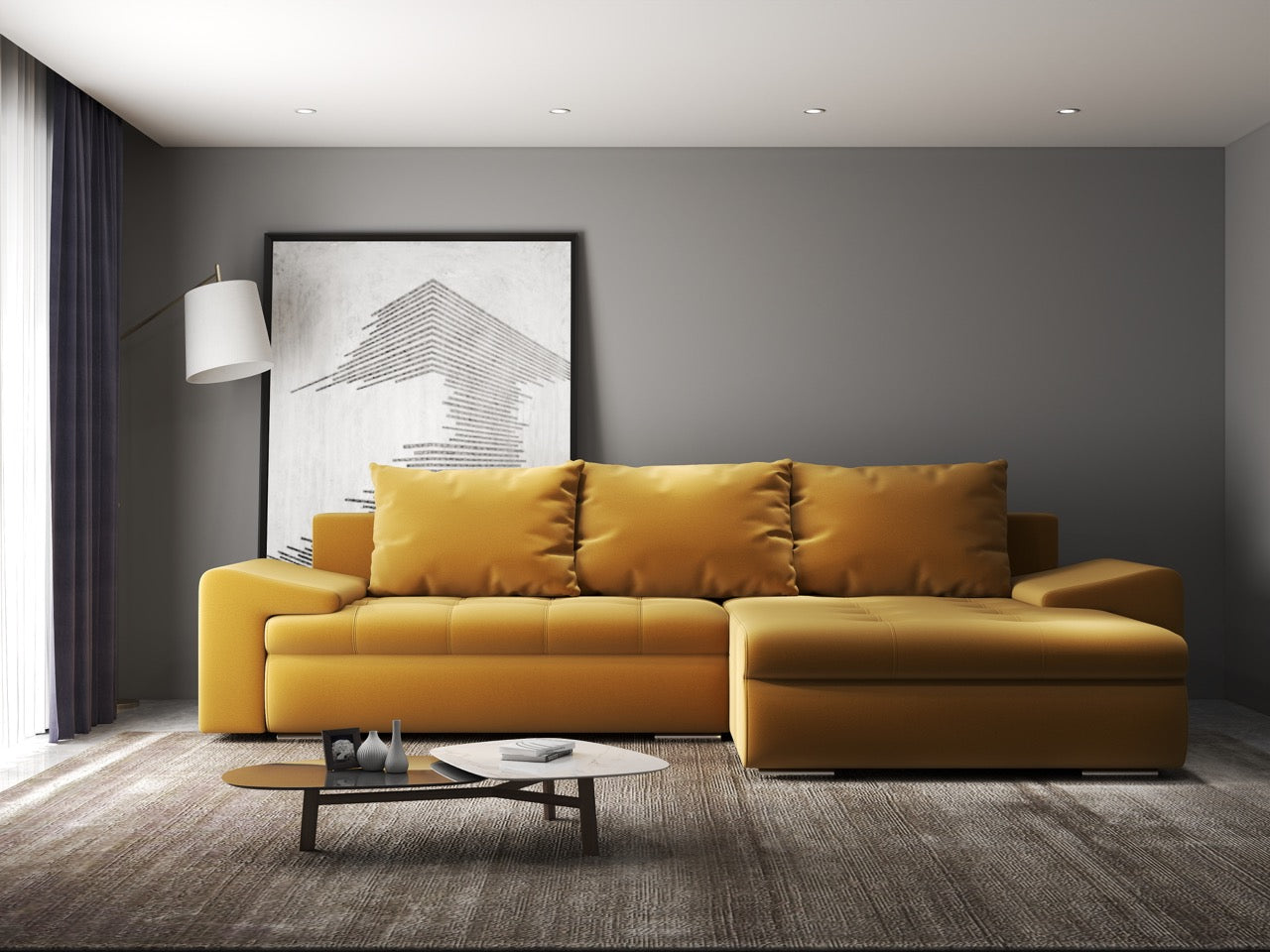 Colțar extensibil dumonde cu ladă de depozitare si sezut confortabil din spuma HR, Leonardo Royal Mustar 260x185 cm II Fabrica