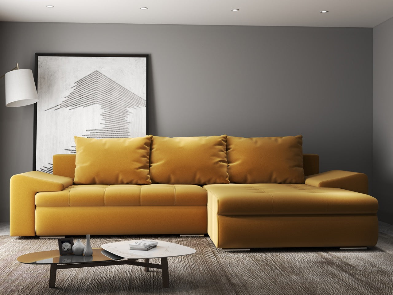 Colțar extensibil dumonde cu ladă de depozitare si sezut confortabil din spuma HR, Leonardo Royal Mustar 260x185 cm II Fabrica