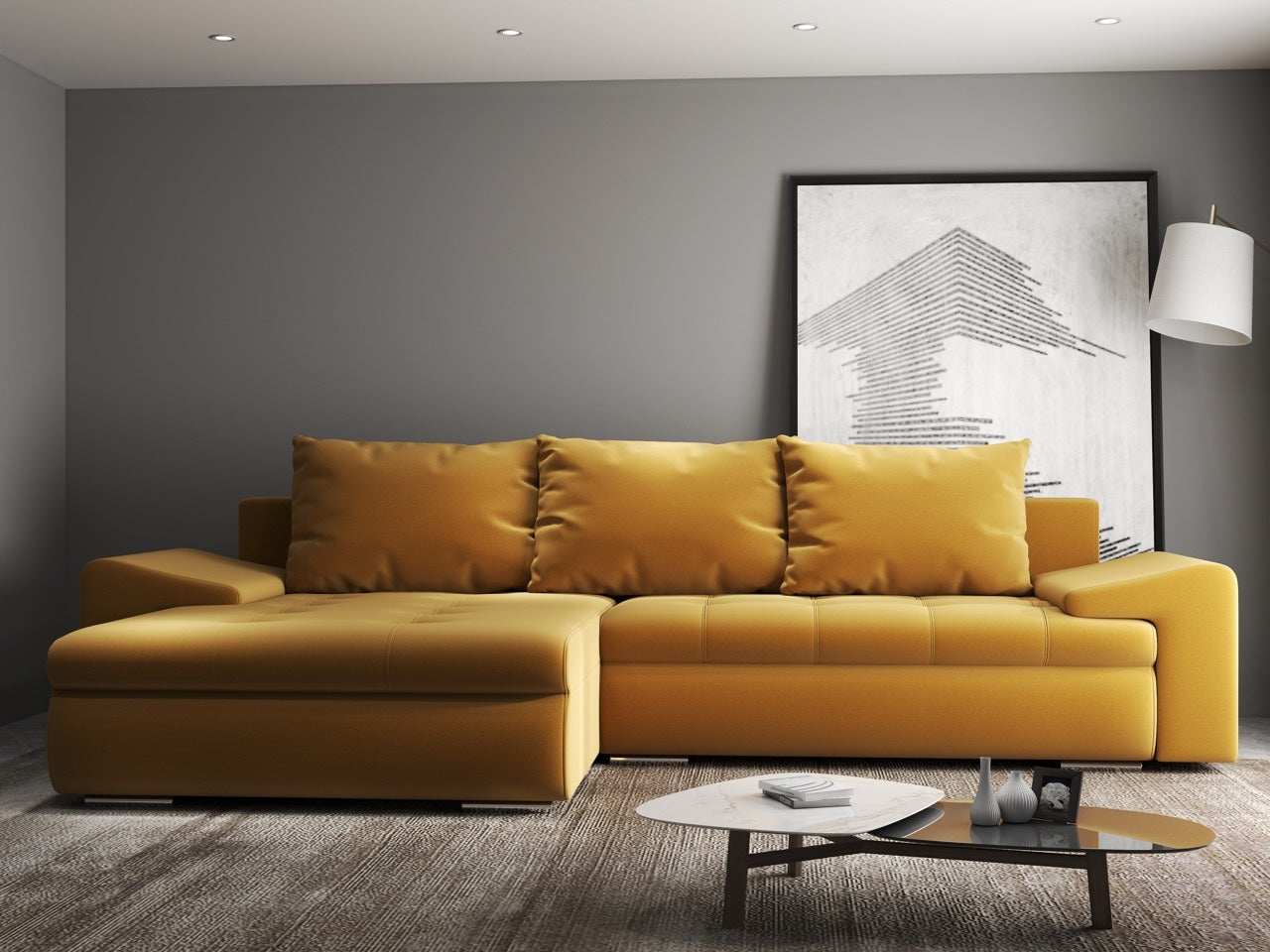 Colțar extensibil dumonde cu ladă de depozitare si sezut confortabil din spuma HR, Leonardo Royal Mustar 260x185 cm Fabrica